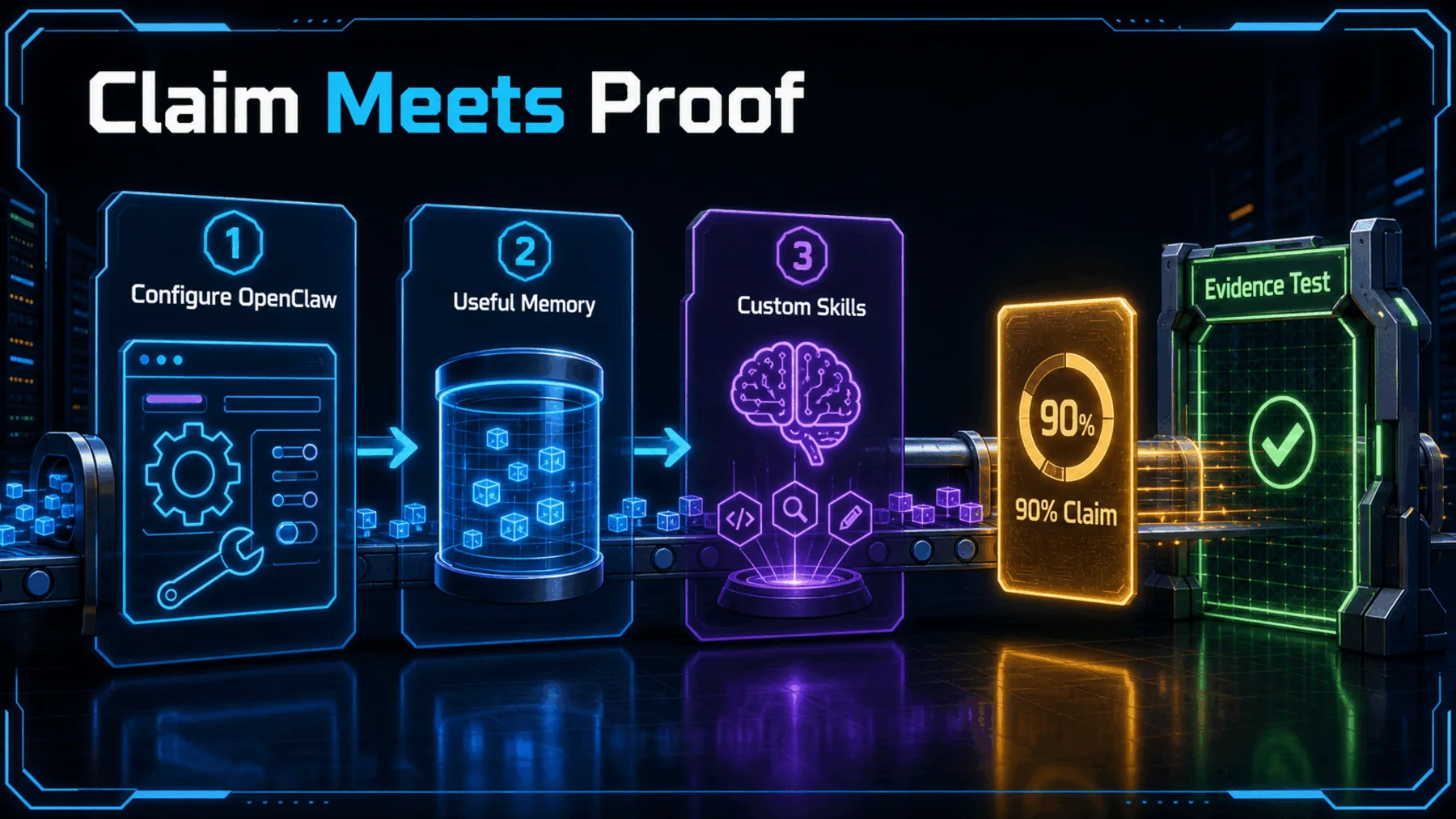 A three-step OpenClaw setup path leads an unverified 90% claim into an evidence test.