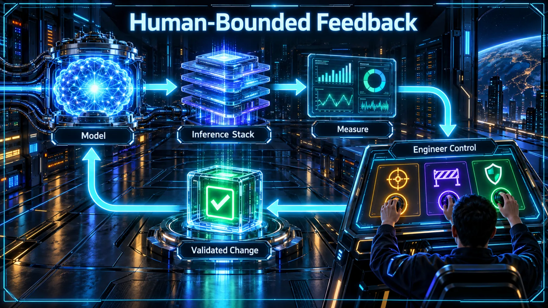 A model and inference stack linked by a measured, human-controlled feedback loop.