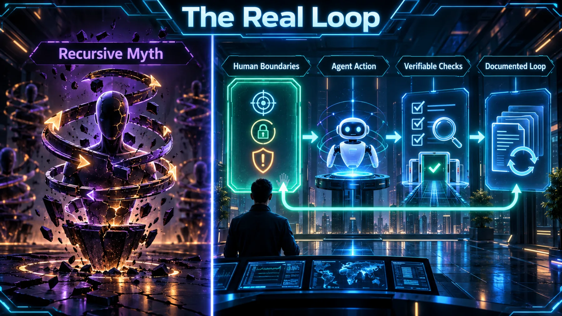 A comparison between a generic recursive-improvement myth and a documented human-bounded feedback loop.