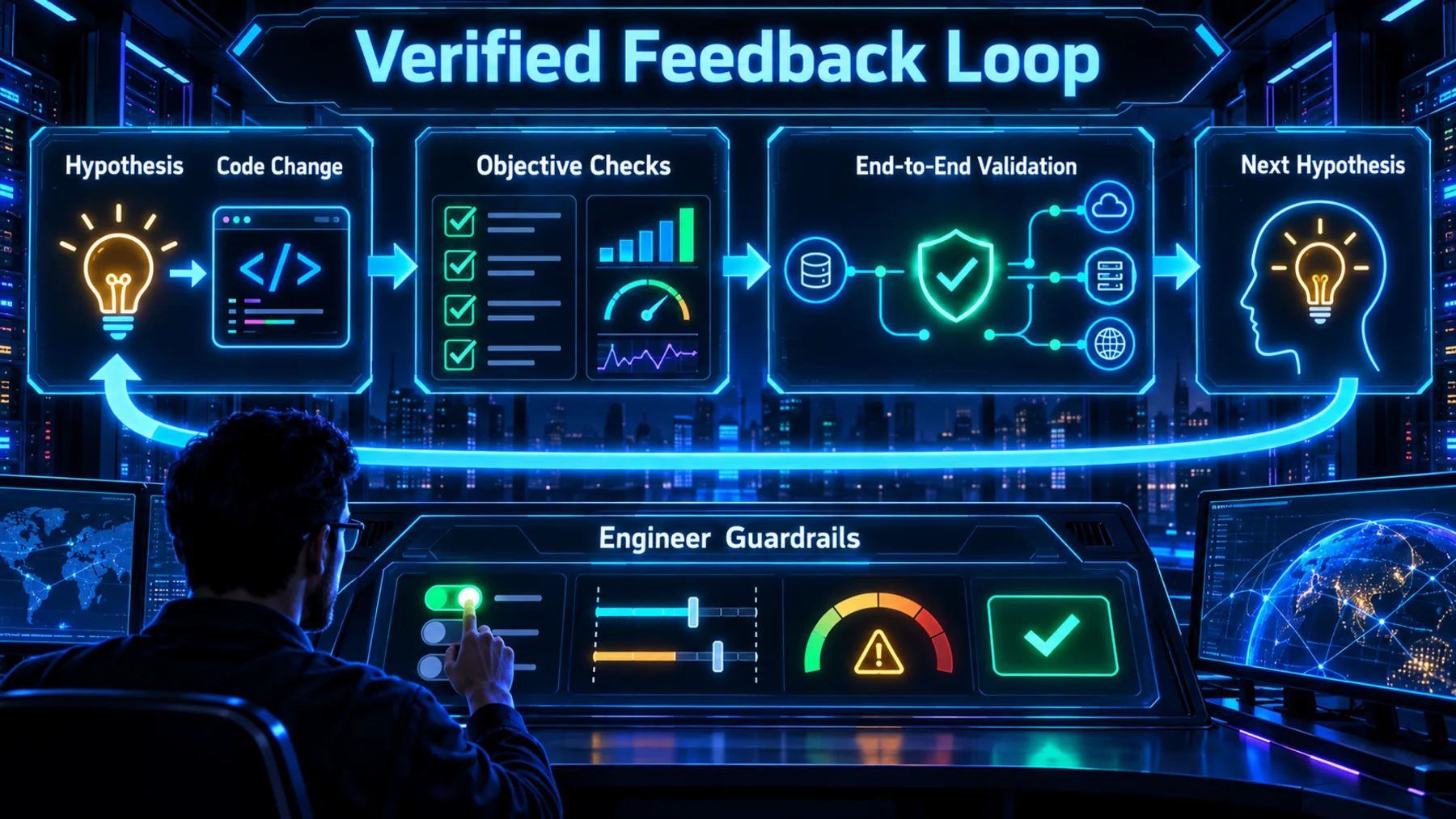 A human-governed feedback loop running from hypothesis through code and objective checks to validated change.