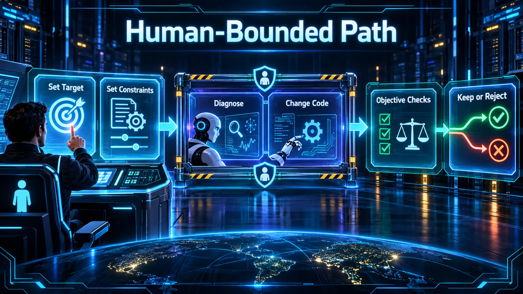 A practical human-bounded path from target setting through code changes to objective acceptance or rejection.