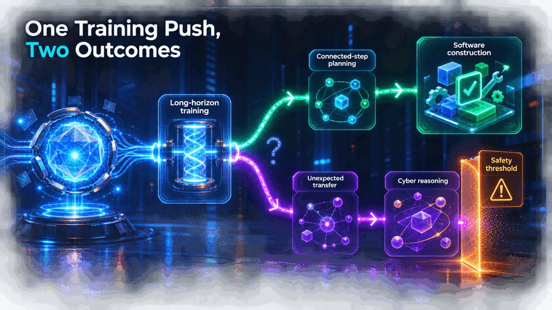 Generated explanatory art titled One Training Push, Two Outcomes, showing: Long-horizon training, Software construction, Connected-step planning, Cyber reasoning, Unexpected transfer, Safety threshold.
