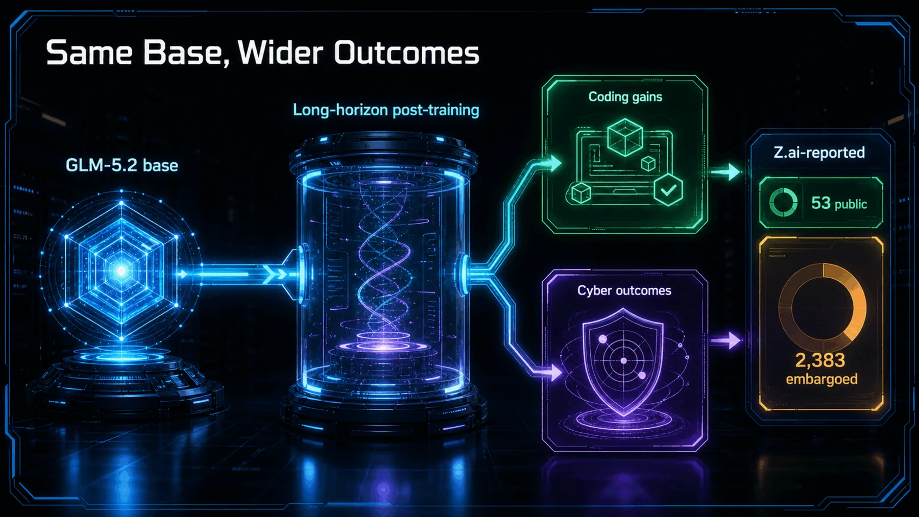 Generated explanatory art titled Same Base, Wider Outcomes, showing: GLM-5.2 base, Long-horizon post-training, Coding gains, Cyber outcomes, Z.ai-reported, 53 public, 2,383 embargoed.