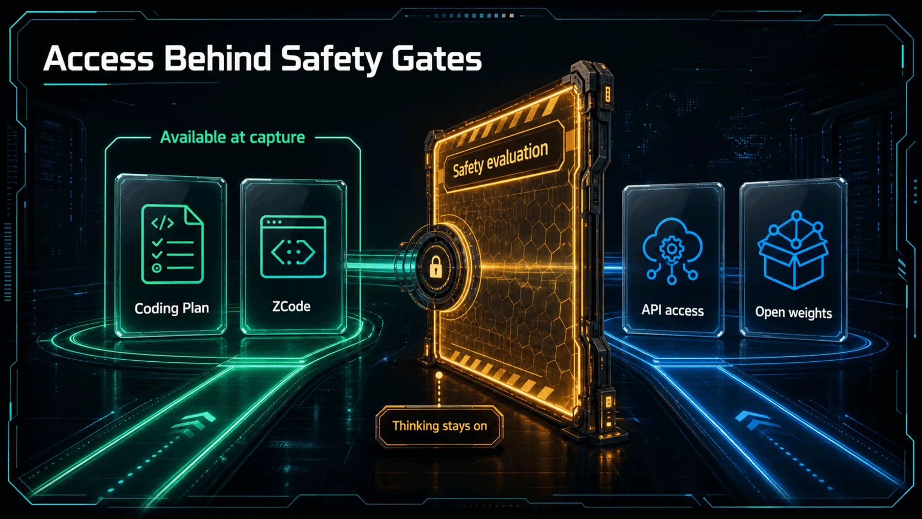 Generated explanatory art titled Access Behind Safety Gates, showing: Coding Plan, ZCode, Available at capture, API access, Open weights, Safety evaluation, Thinking stays on.