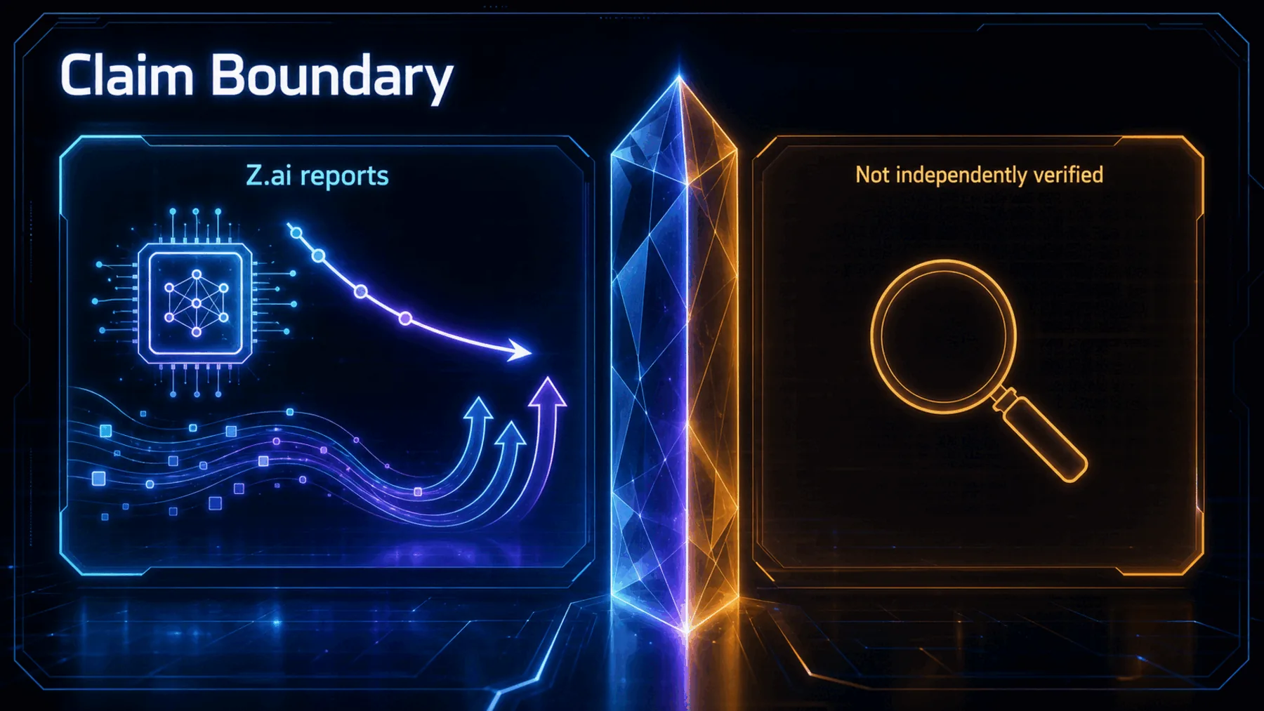 A luminous prism separates Z.ai-reported claims from content that has not been independently verified.