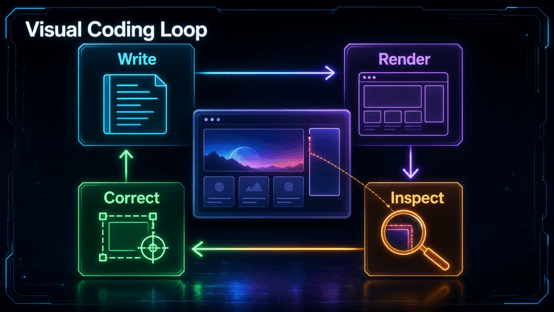A four-stage loop shows writing, rendering, inspecting a visual defect and correcting it.