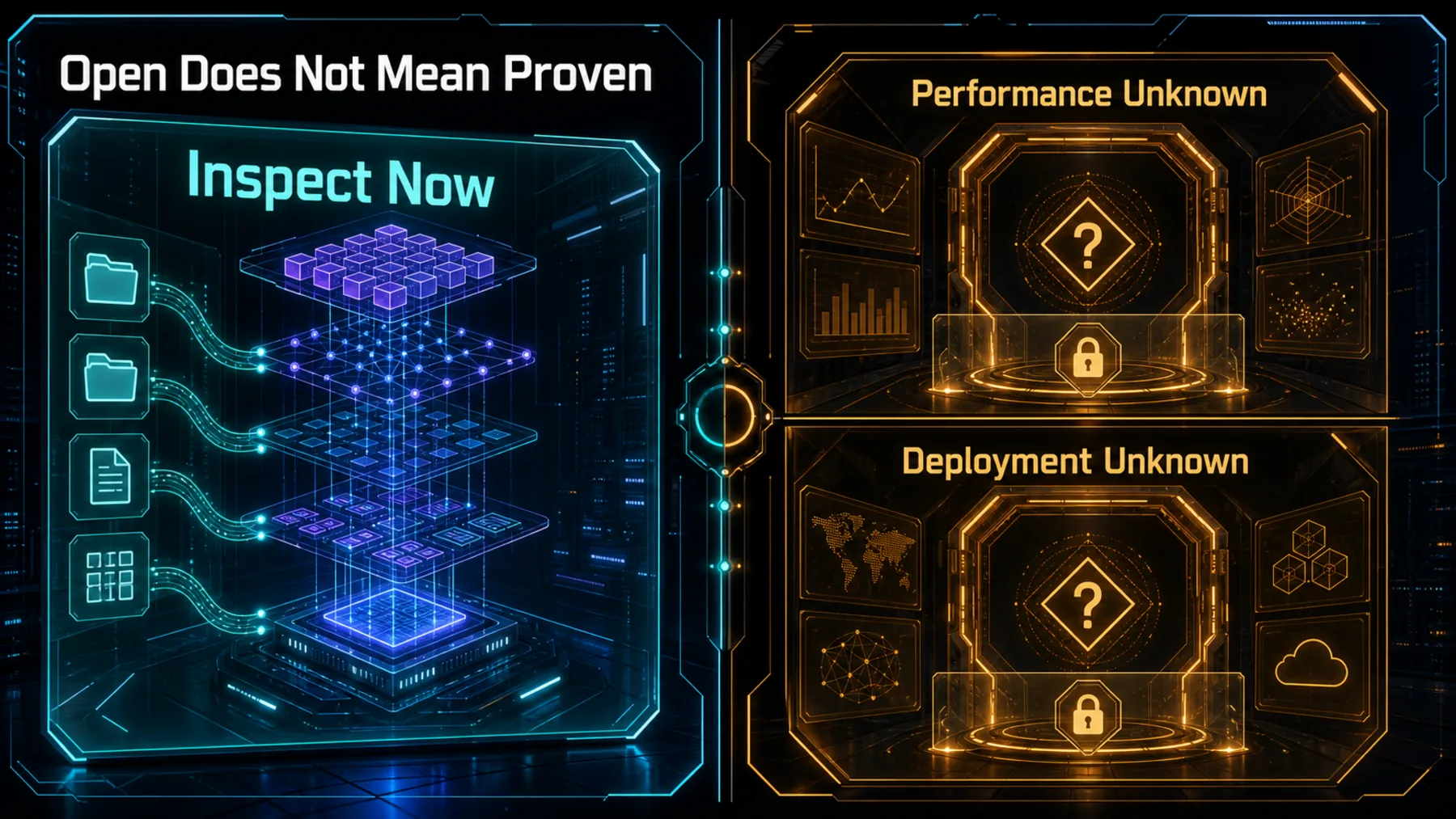 An inspectable open model is contrasted with unresolved questions about performance and deployment suitability.