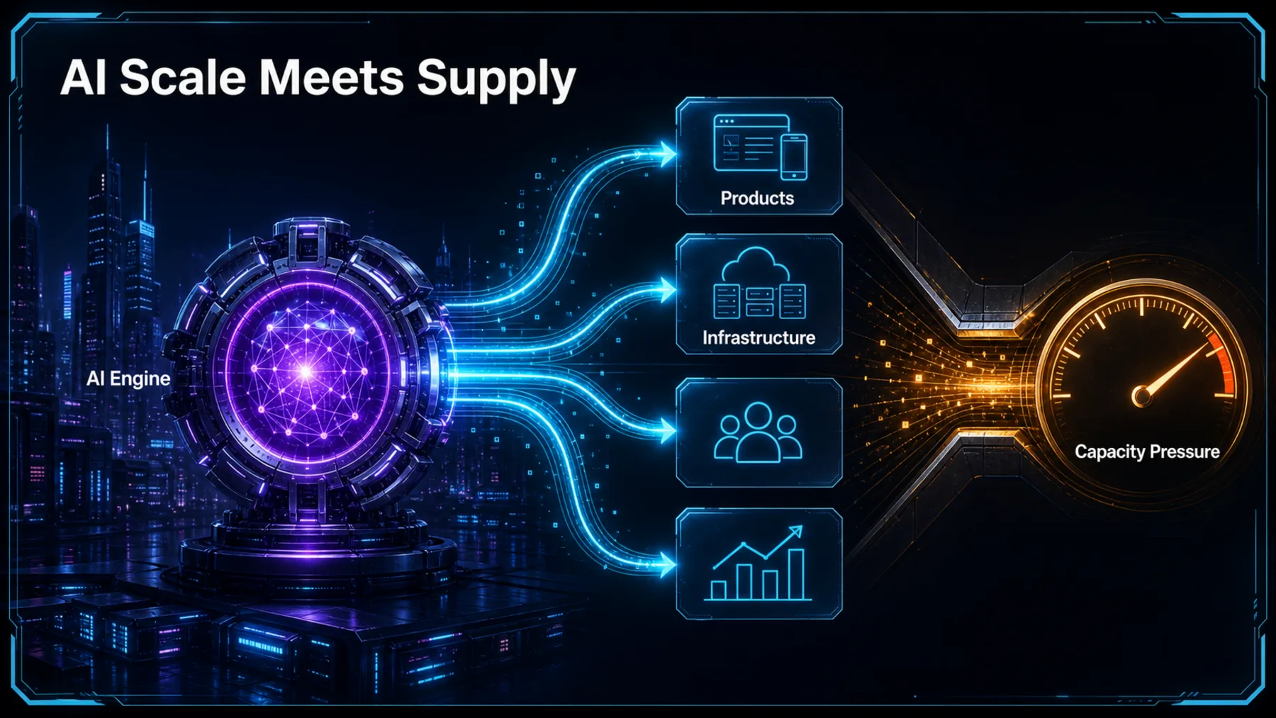 A luminous AI engine branches into product and infrastructure systems while an amber gauge signals capacity pressure.