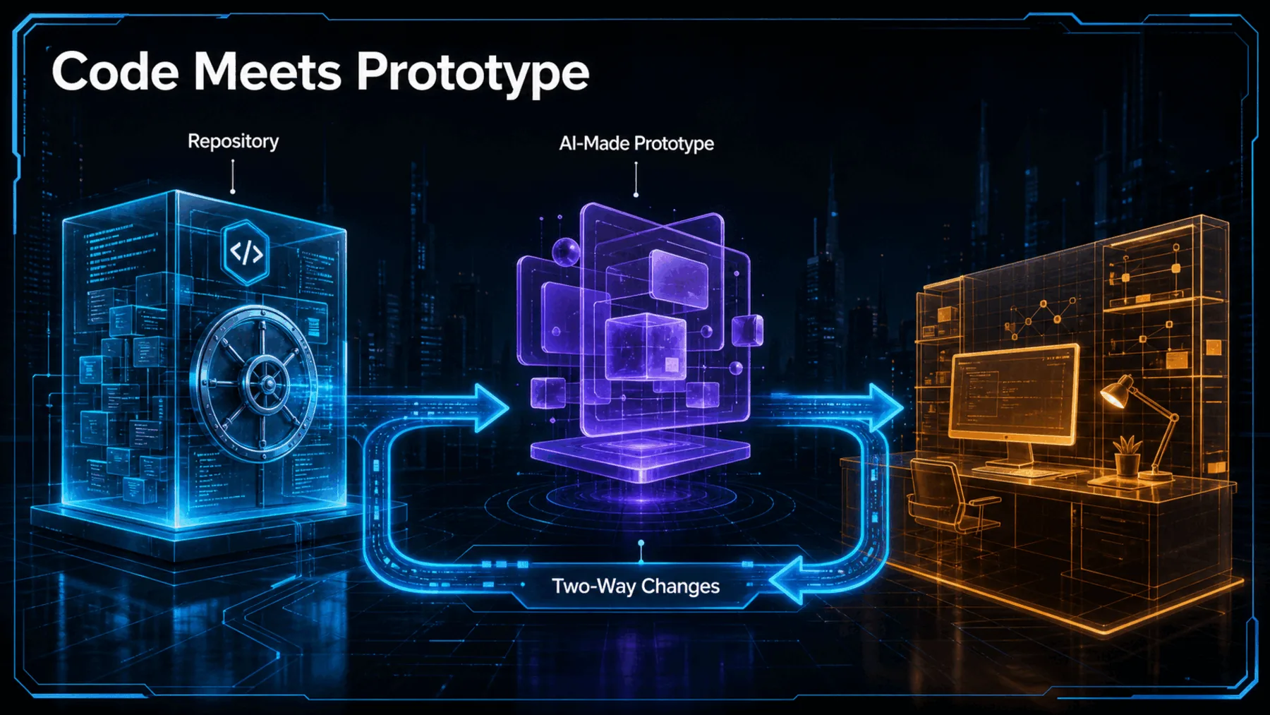 An abstract AI-made prototype is connected to a repository by a clear two-way development path.