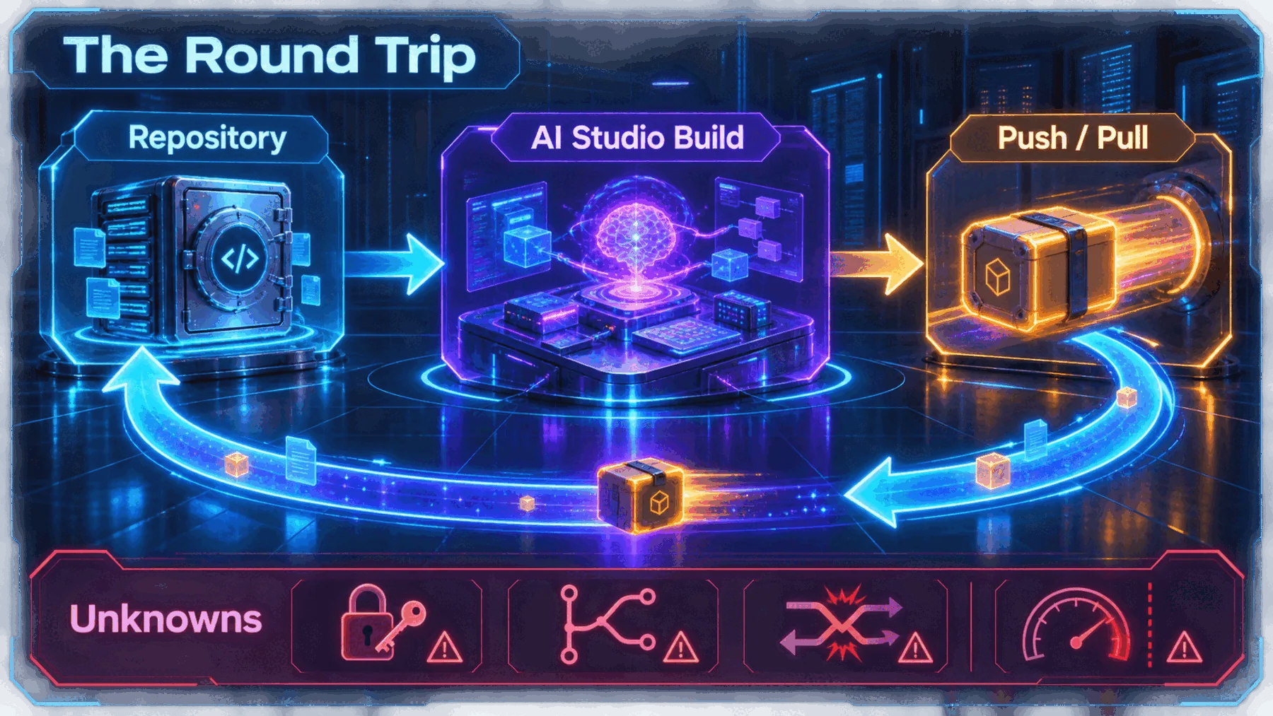 Repository code enters an AI-assisted build workflow, then revisions travel back through a clearly marked two-way path; unknown constraints remain bounded.