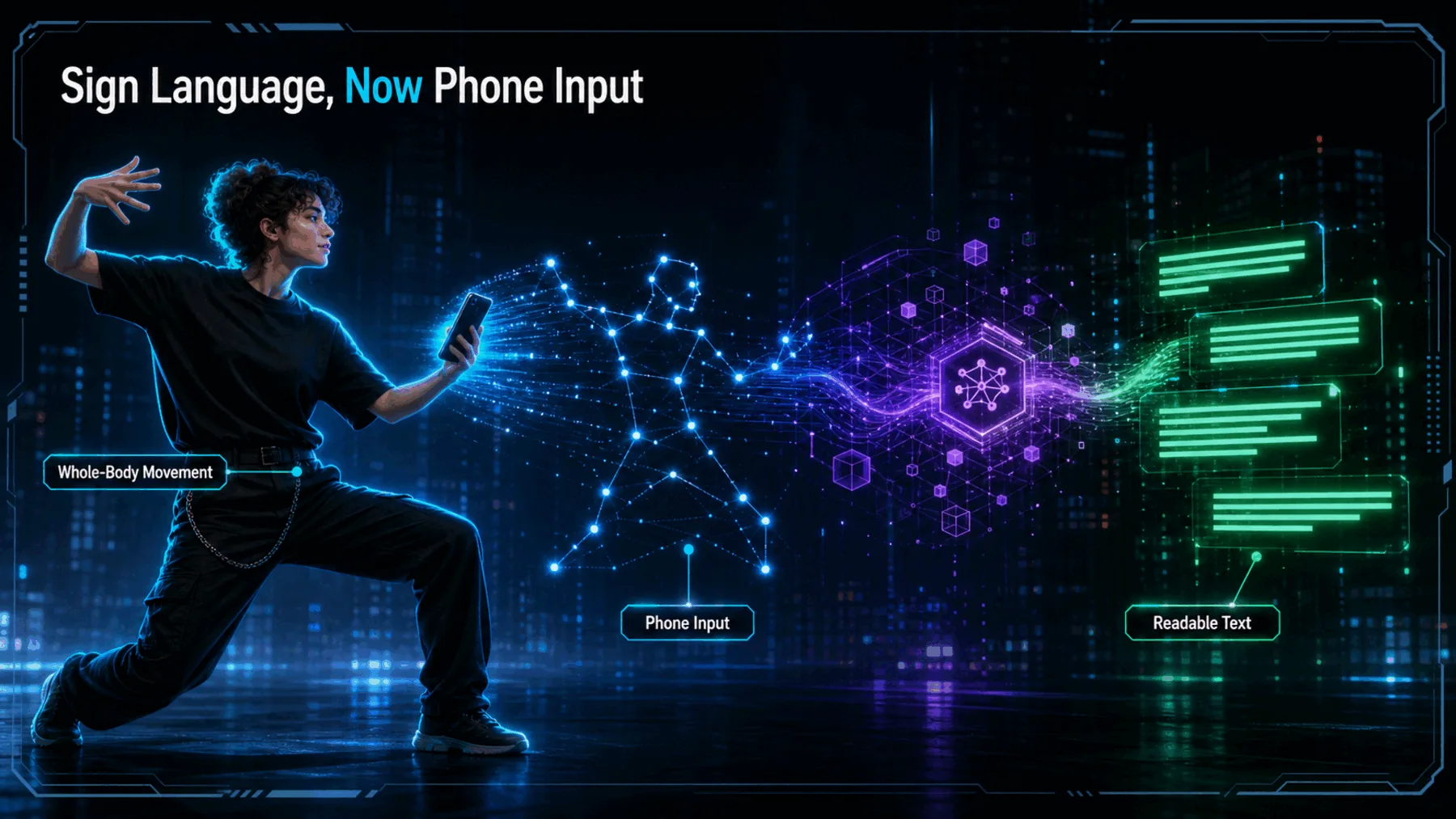 A Deaf signer uses a phone while whole-body movement becomes luminous pose landmarks and readable text.