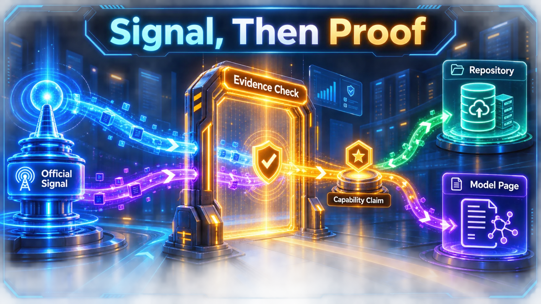 Official signal paths reach repository and model-page destinations through an evidence-check gate.
