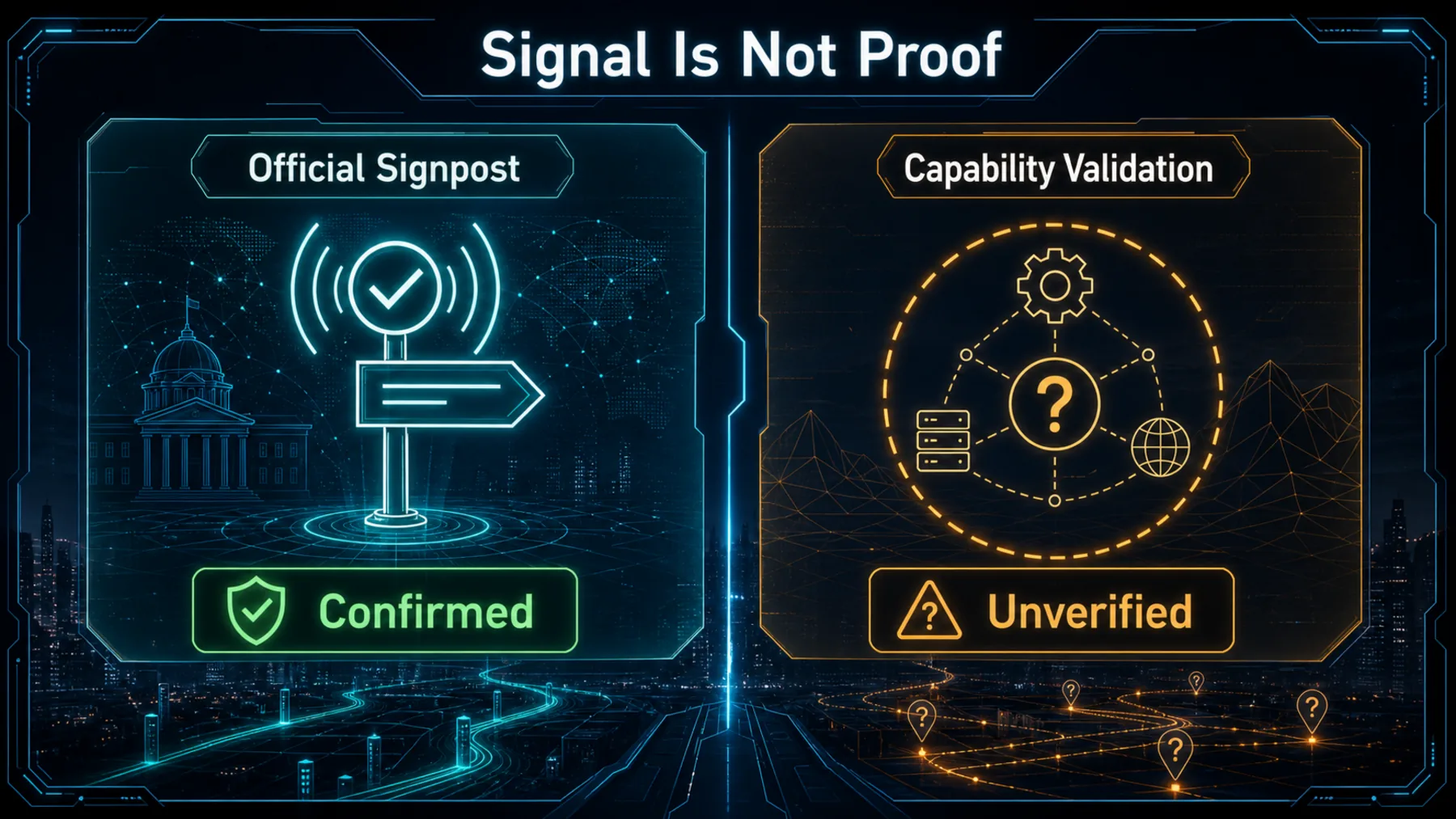 Comparison between confirmed official signposting and unverified capability validation.