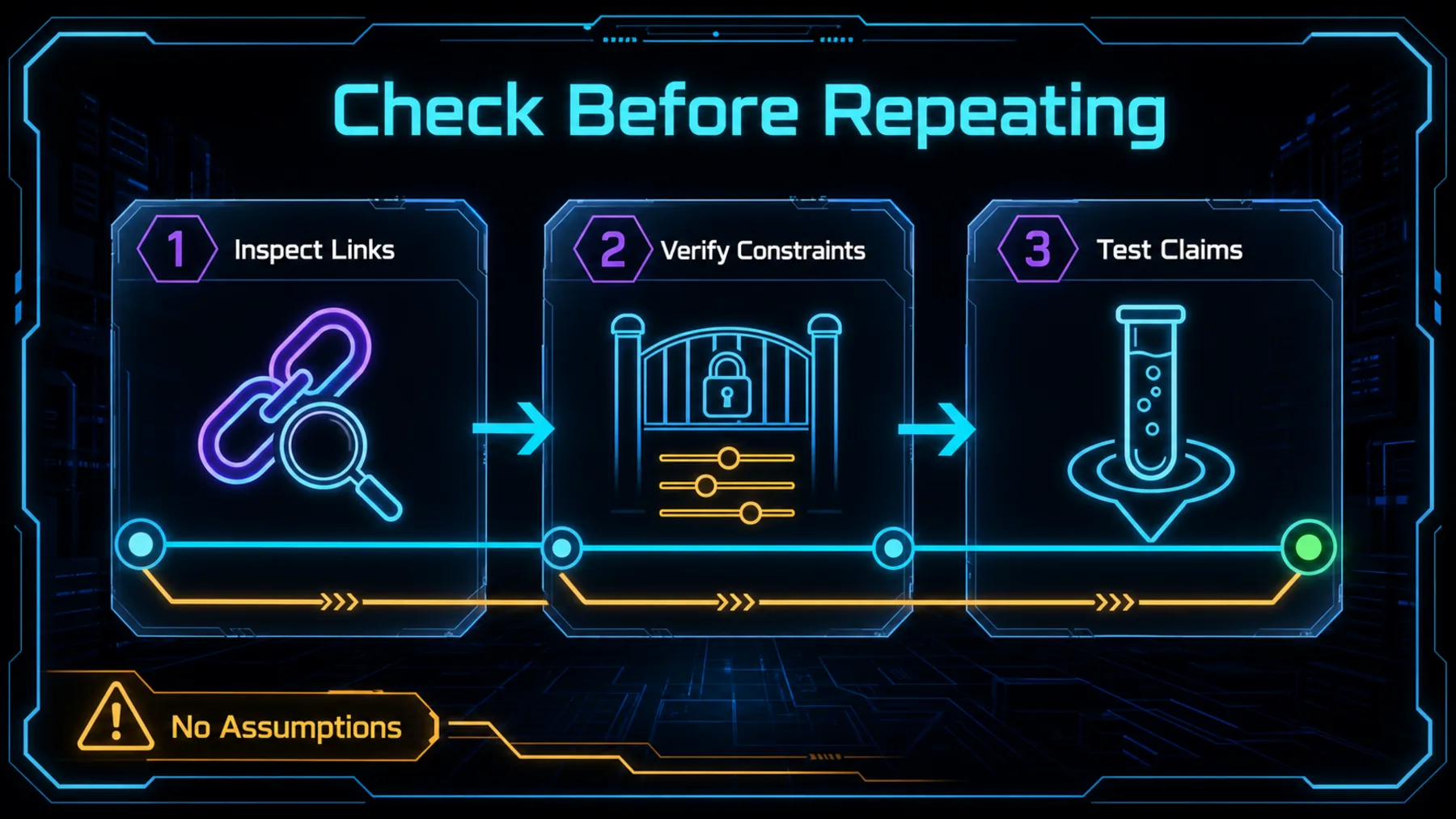 Three-stage reader path to inspect links, verify constraints and test claims before repeating them.