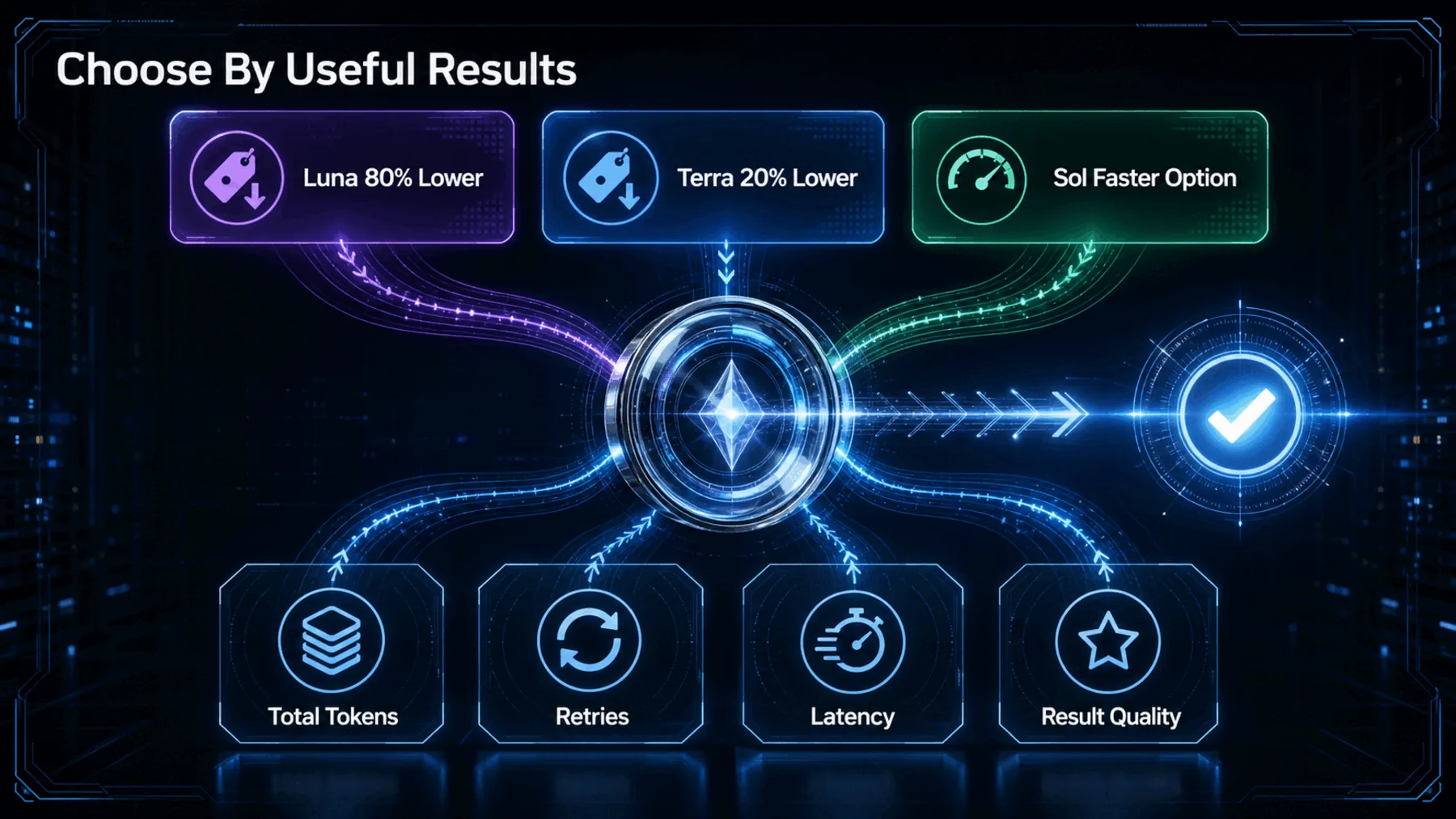 Decision lens combining the Luna, Terra and Sol announcement with tokens, retries, latency and result-quality criteria.
