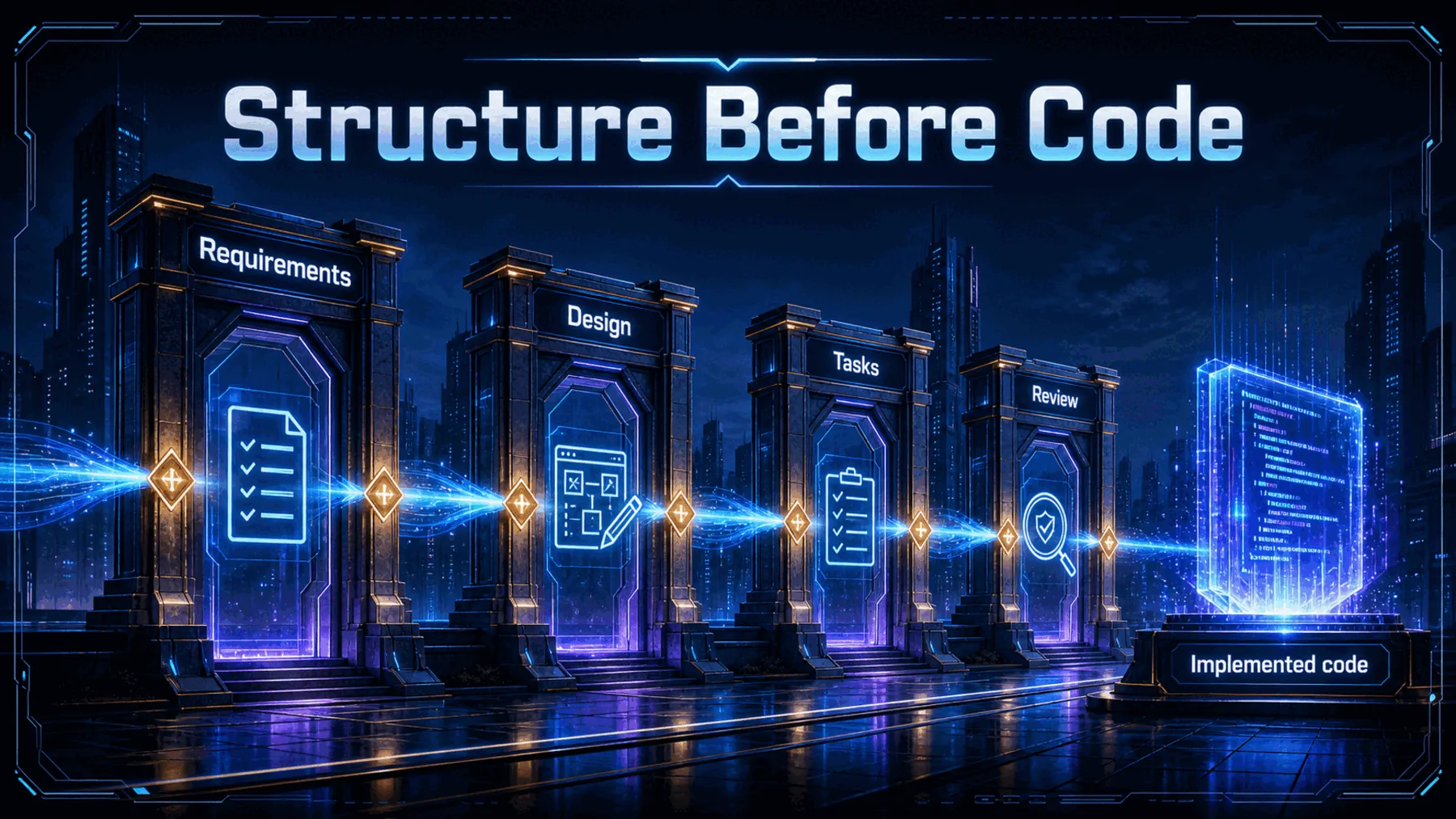 Four structured gates lead to implemented code.