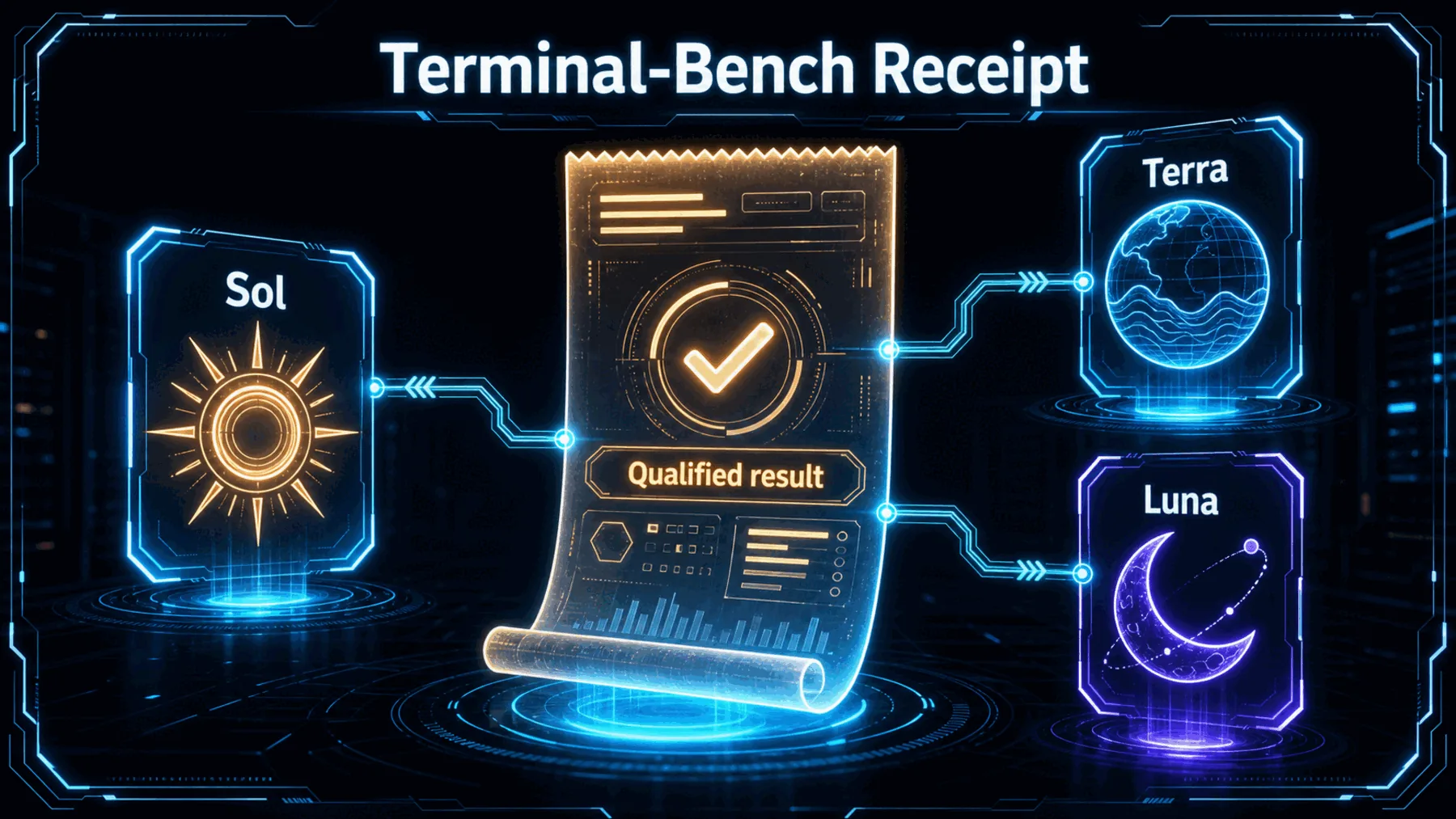 Terminal-Bench receipt linked to equal Sol, Terra and Luna cards.