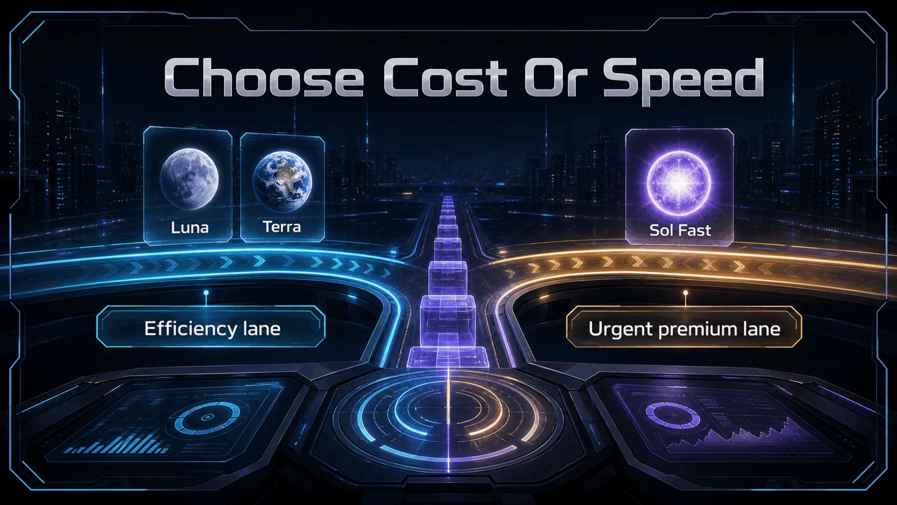 A neon AI-work queue splits between an efficiency lane and an urgent premium lane.