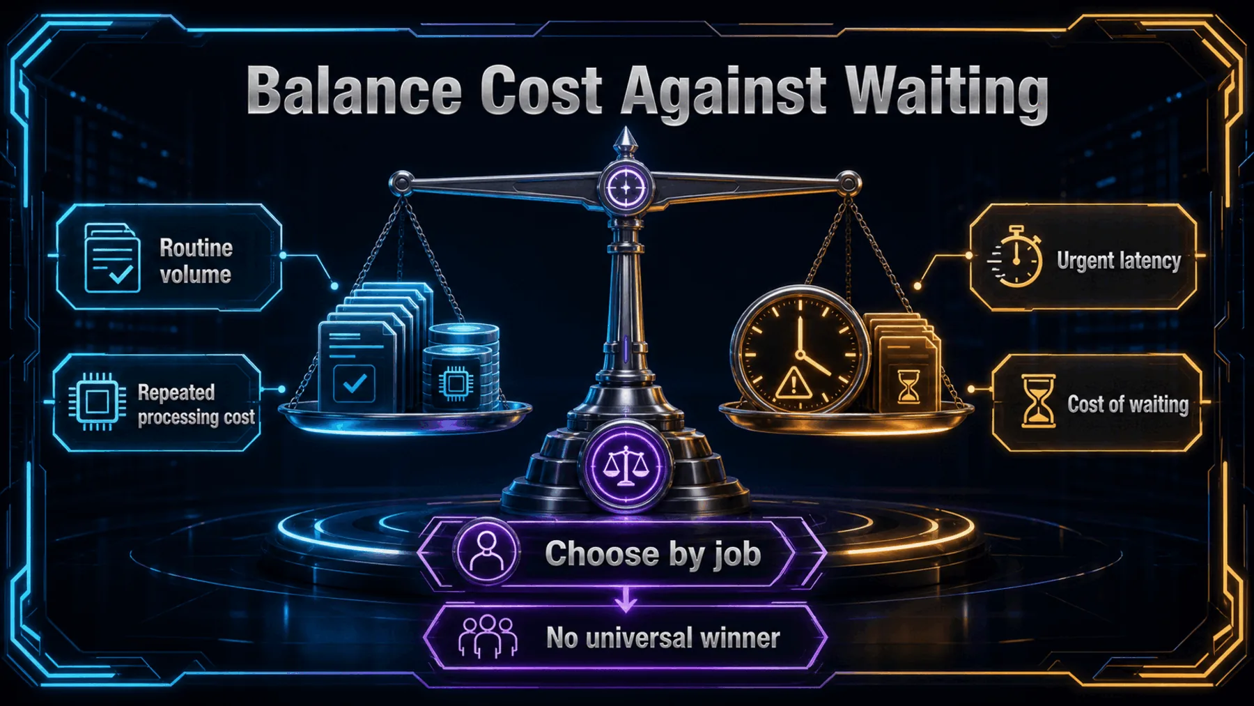 A neon balance compares routine processing cost with the cost of urgent waiting.
