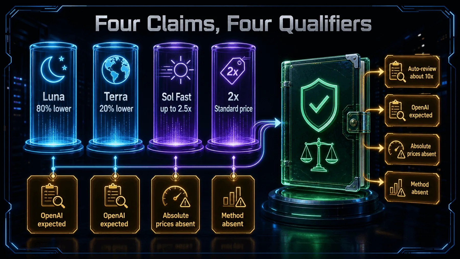 Neon infographic comparing four GPT-5.6 cost and speed claims with their qualifiers.