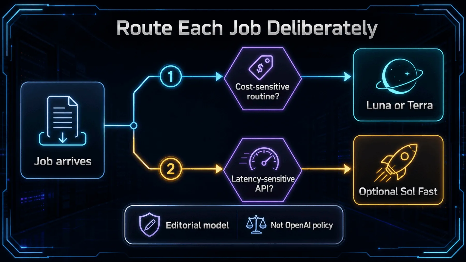 Editorial decision tree routing routine jobs to Luna or Terra and urgent API jobs to optional Sol Fast.