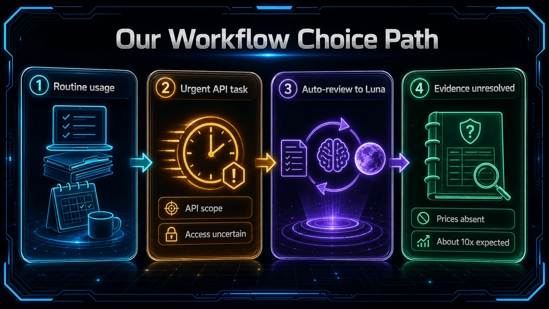 Four-stage neon workflow journey from routine use through an urgent API task to unresolved cost evidence.