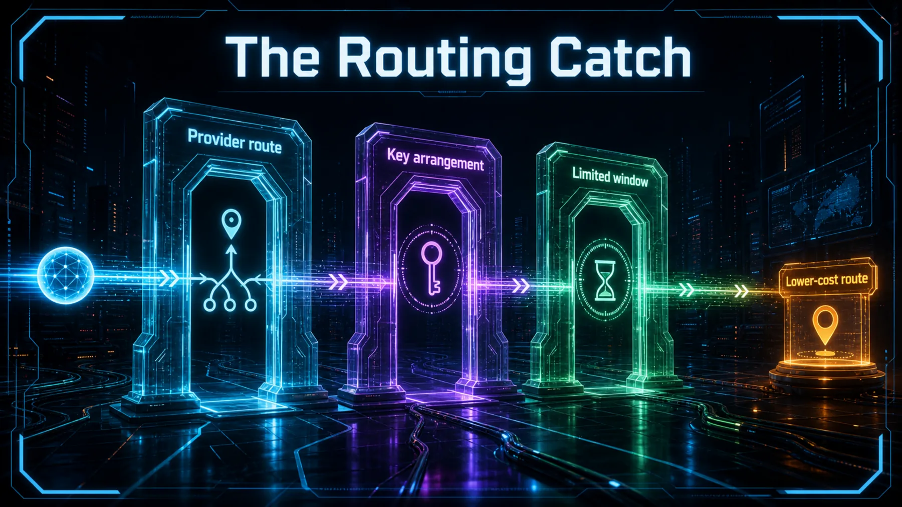A luminous request token passes through three conditional route gates towards a lower-cost route beacon.