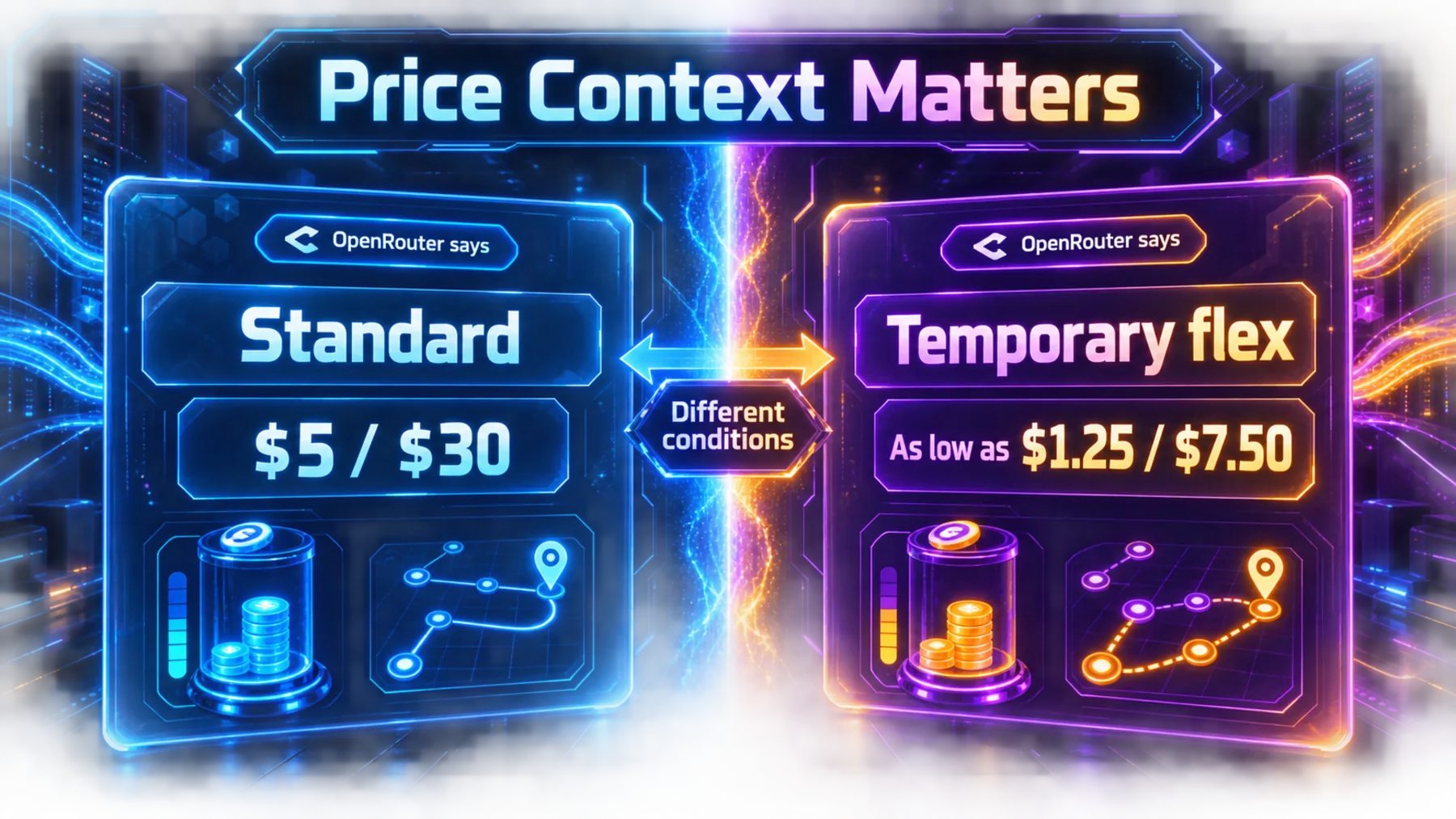 A neon two-column comparison separating standard price context from a temporary flex claim.