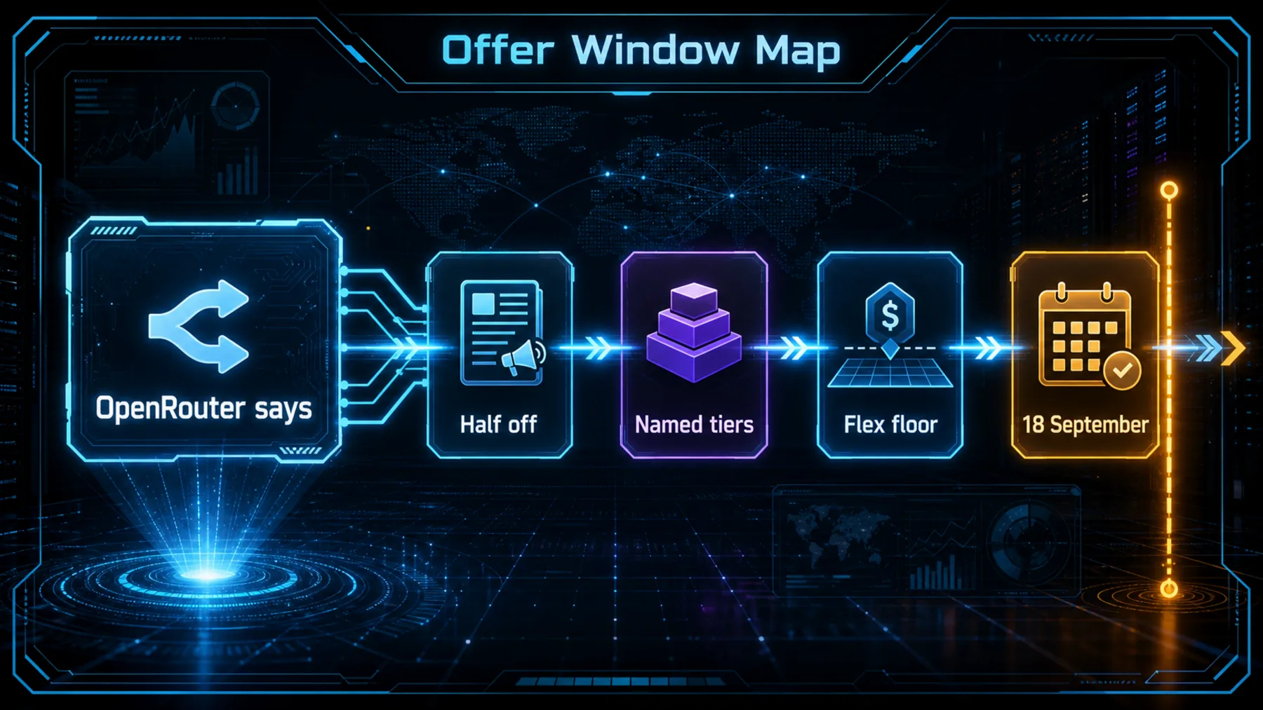 A supplier-attributed neon timeline mapping promotion elements and the 18 September boundary.