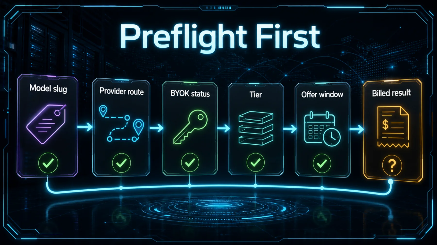 A six-step neon preflight path ending with an unresolved billed-result check.