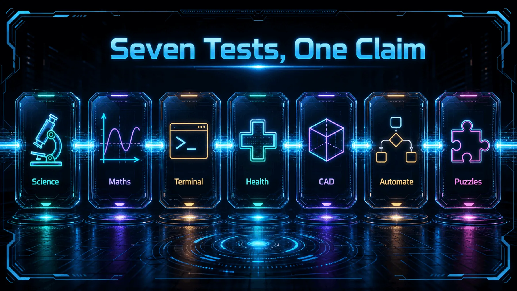 Neon editorial map showing seven linked task-family pods for science, maths, terminal work, health, CAD, automation, and puzzles.