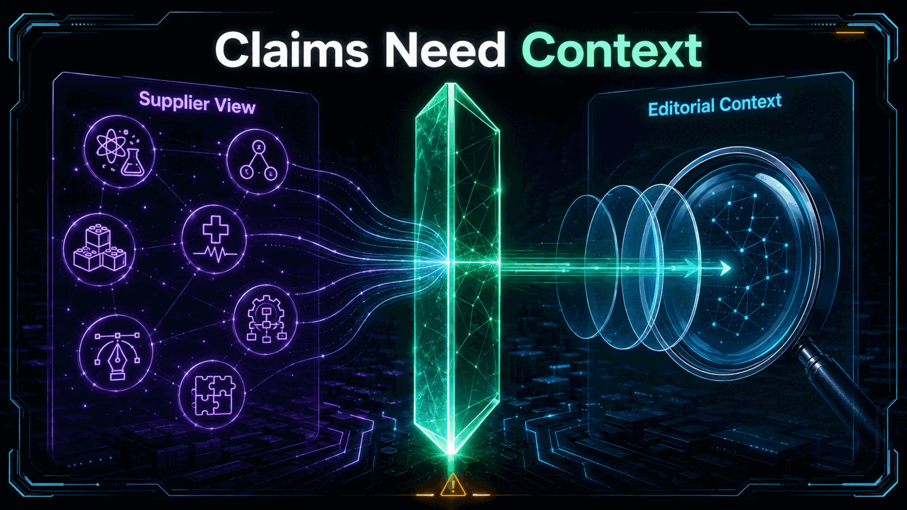 A boundary prism separates supplier-reported task symbols from an editorial context lens.