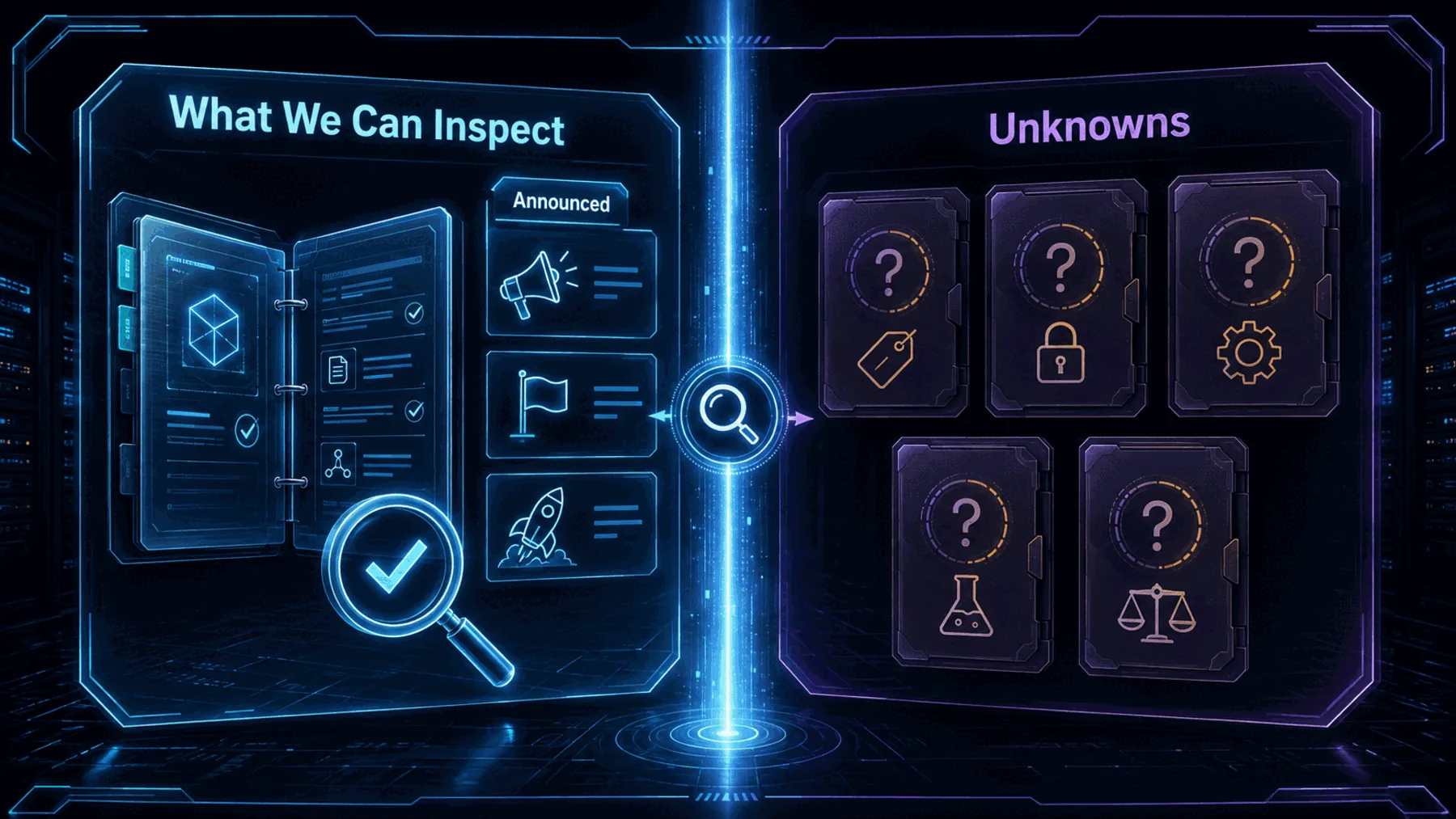 An announcement dossier and inspectable items sit beside unanswered unknowns separated by an inspection beam.