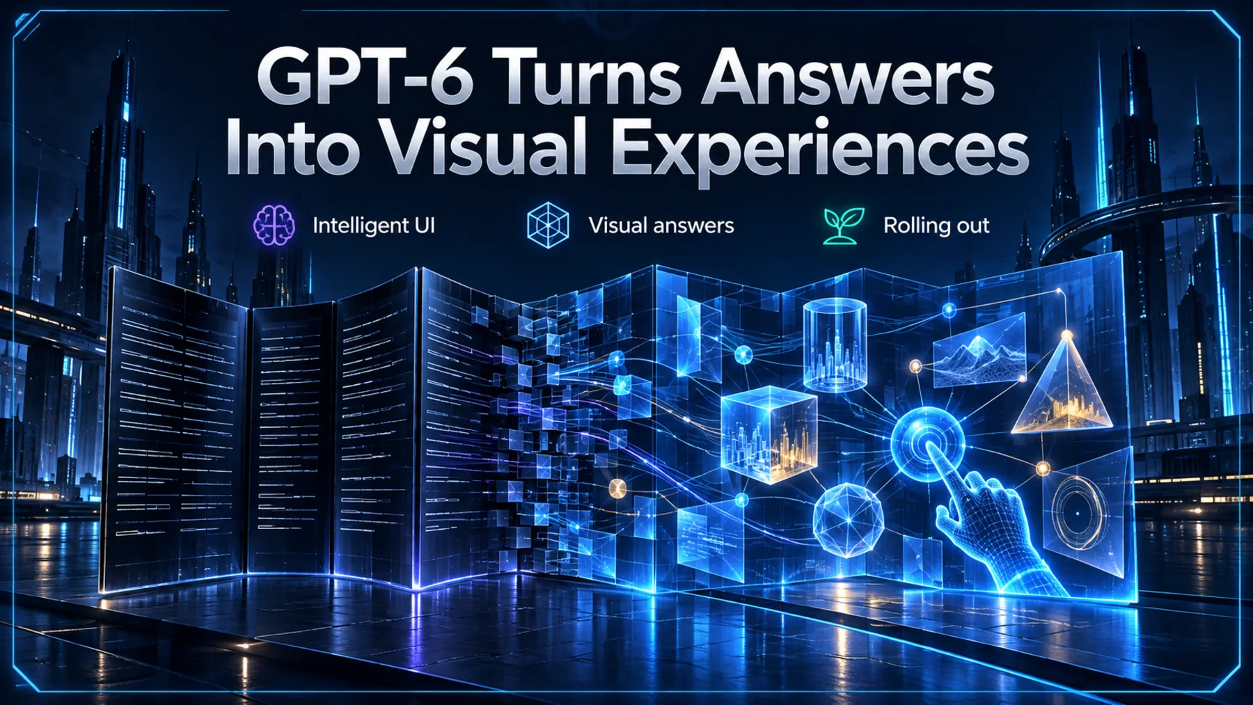 Dense abstract prose opens into a visual workspace beneath the GPT-6 title and Intelligent UI, Visual answers and Rolling out labels.
