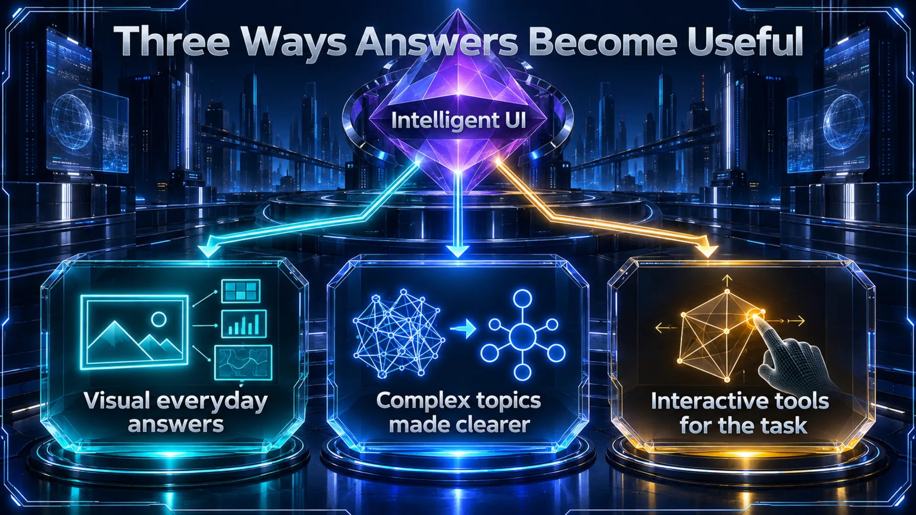 Intelligent UI connects three capabilities: visual everyday answers, complex topics made clearer and interactive tools for the task.