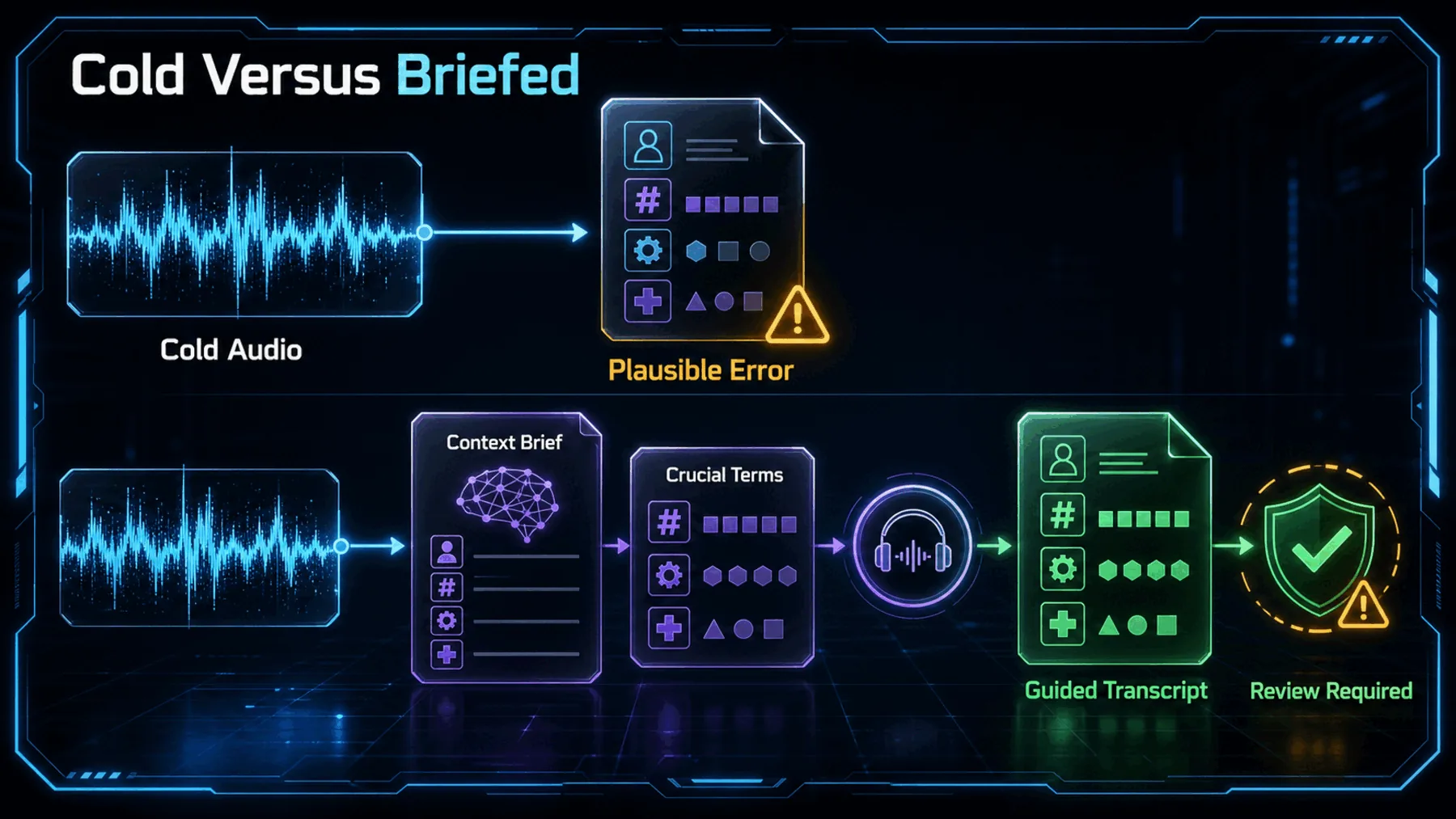 A split comparison shows cold audio producing a plausible error while a context brief guides transcription with review still required.