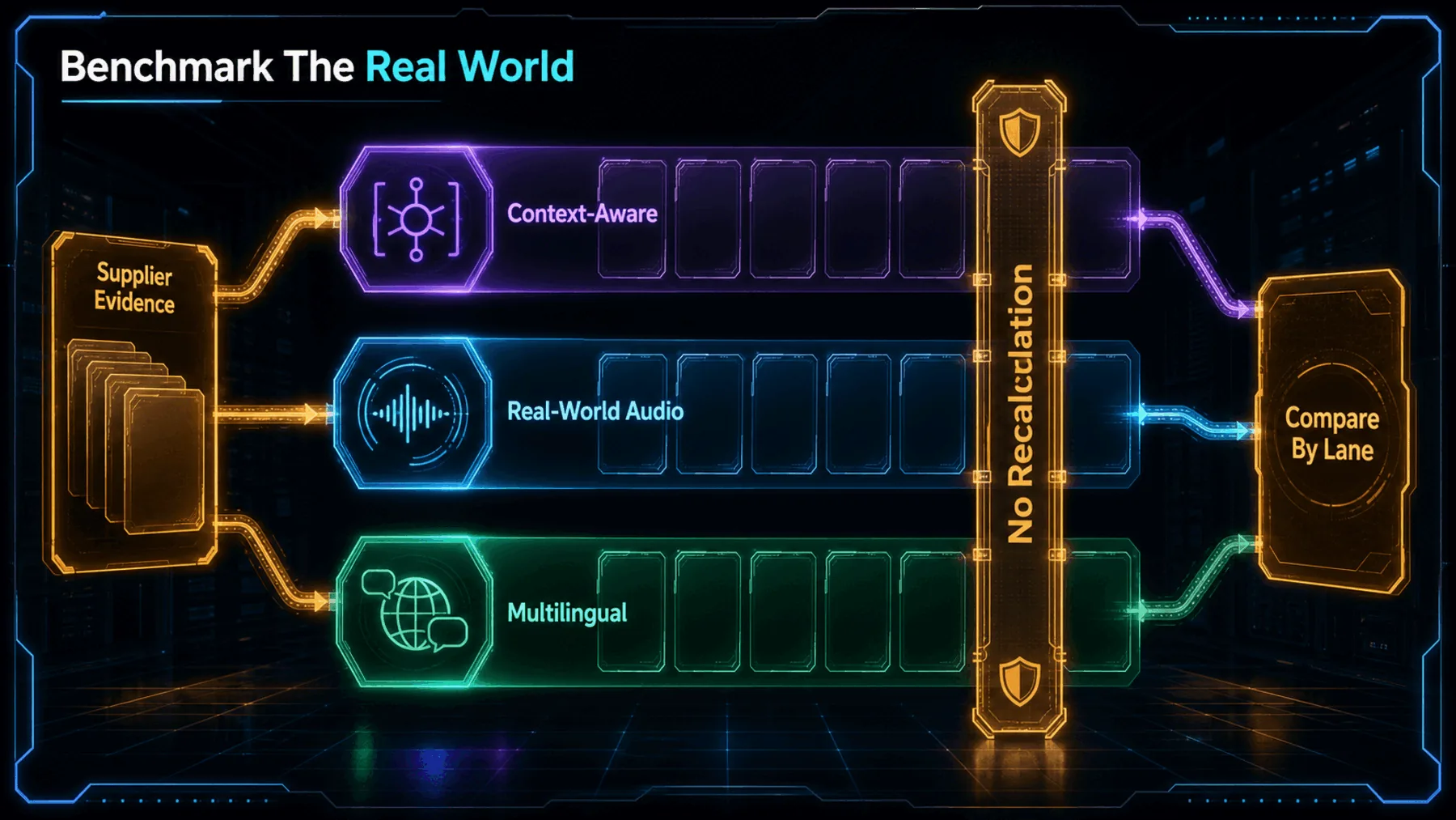 Three source-bounded benchmark lanes organise context-aware, real-world-audio and multilingual evidence without recalculating supplier values.