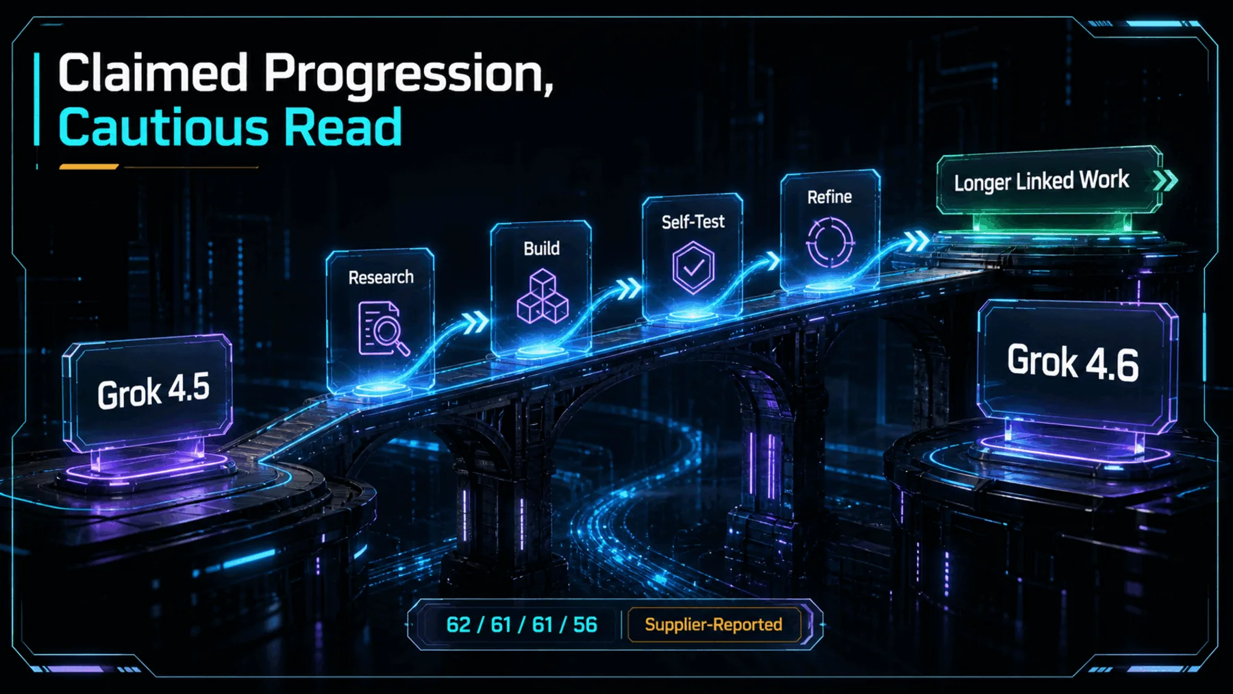 An ascending bridge illustrates xAI's claimed progression from Grok 4.5 to 4.6 through longer linked work, with supplier-reported figures clearly qualified.