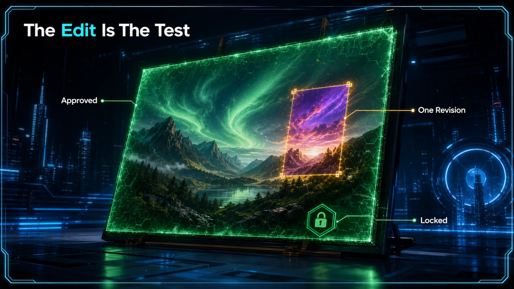 Nearly finished creative asset receiving one isolated revision while the approved remainder remains locked.