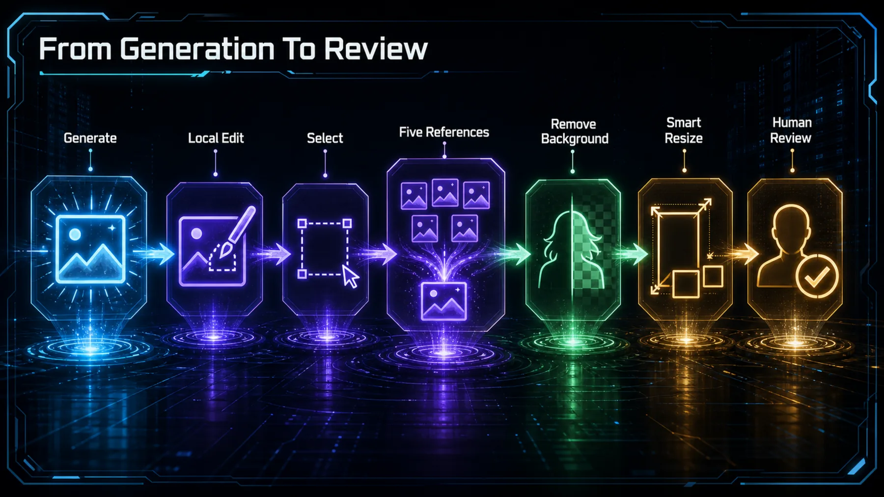 Capability path from image generation through local editing, reference blending and resizing to human review.