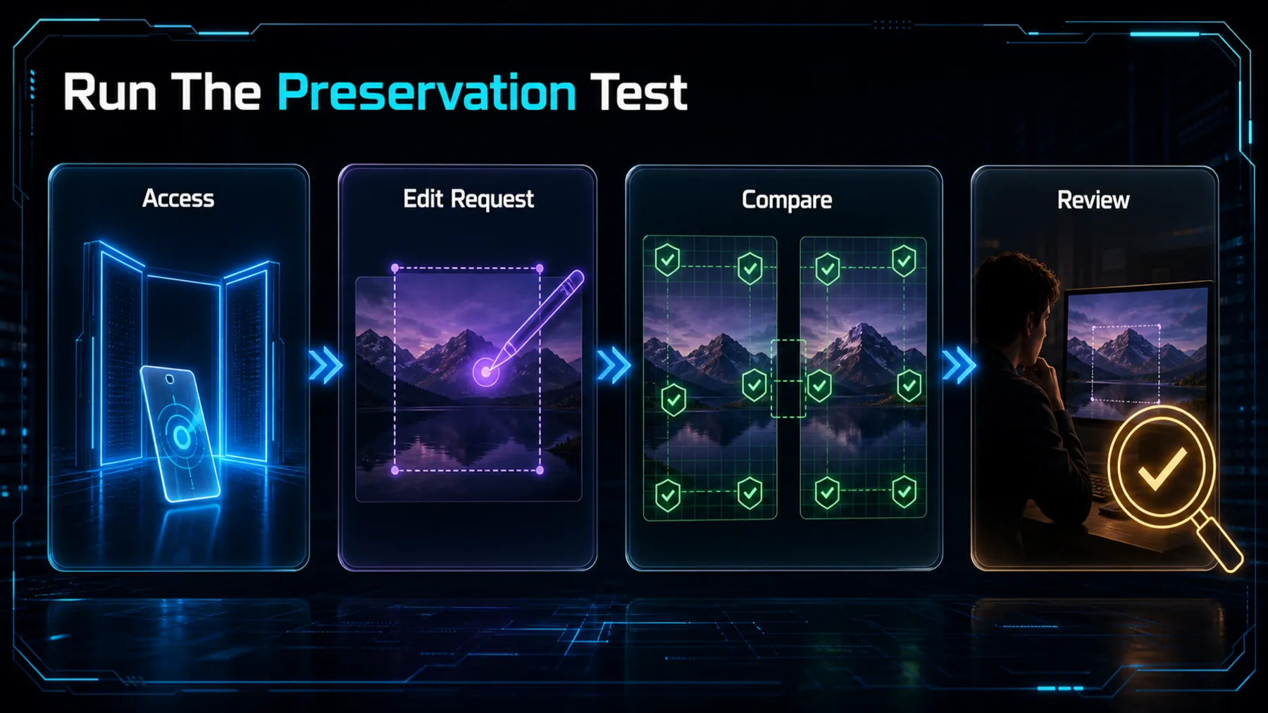 Four-stage preservation test covering access, a controlled edit request, unchanged-area comparison and human review.