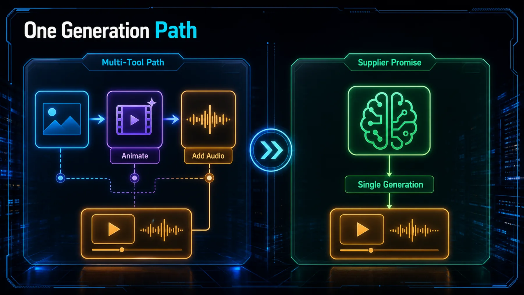 A multi-tool animation and audio workflow is contrasted with a supplier-promised single-generation path.