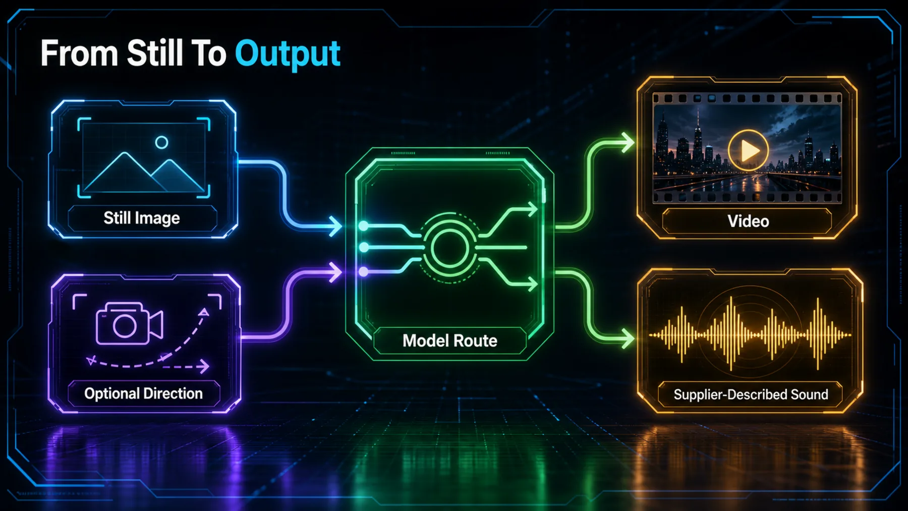 A still image and optional direction merge into a model route producing video and supplier-described sound.