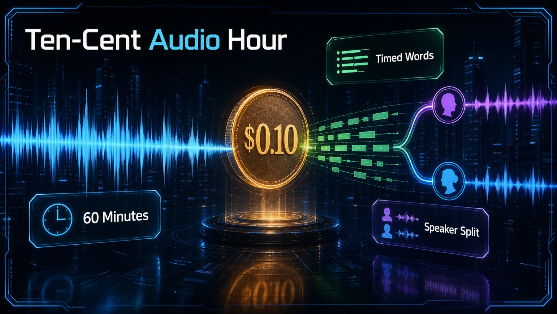 An hour-long waveform resolving into timed words and separated speakers around a ten-cent price motif.