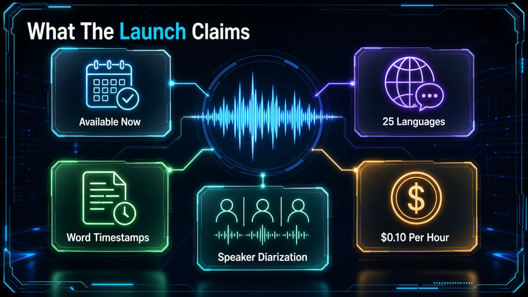 Five OpenRouter launch claims arranged around a central audio waveform.