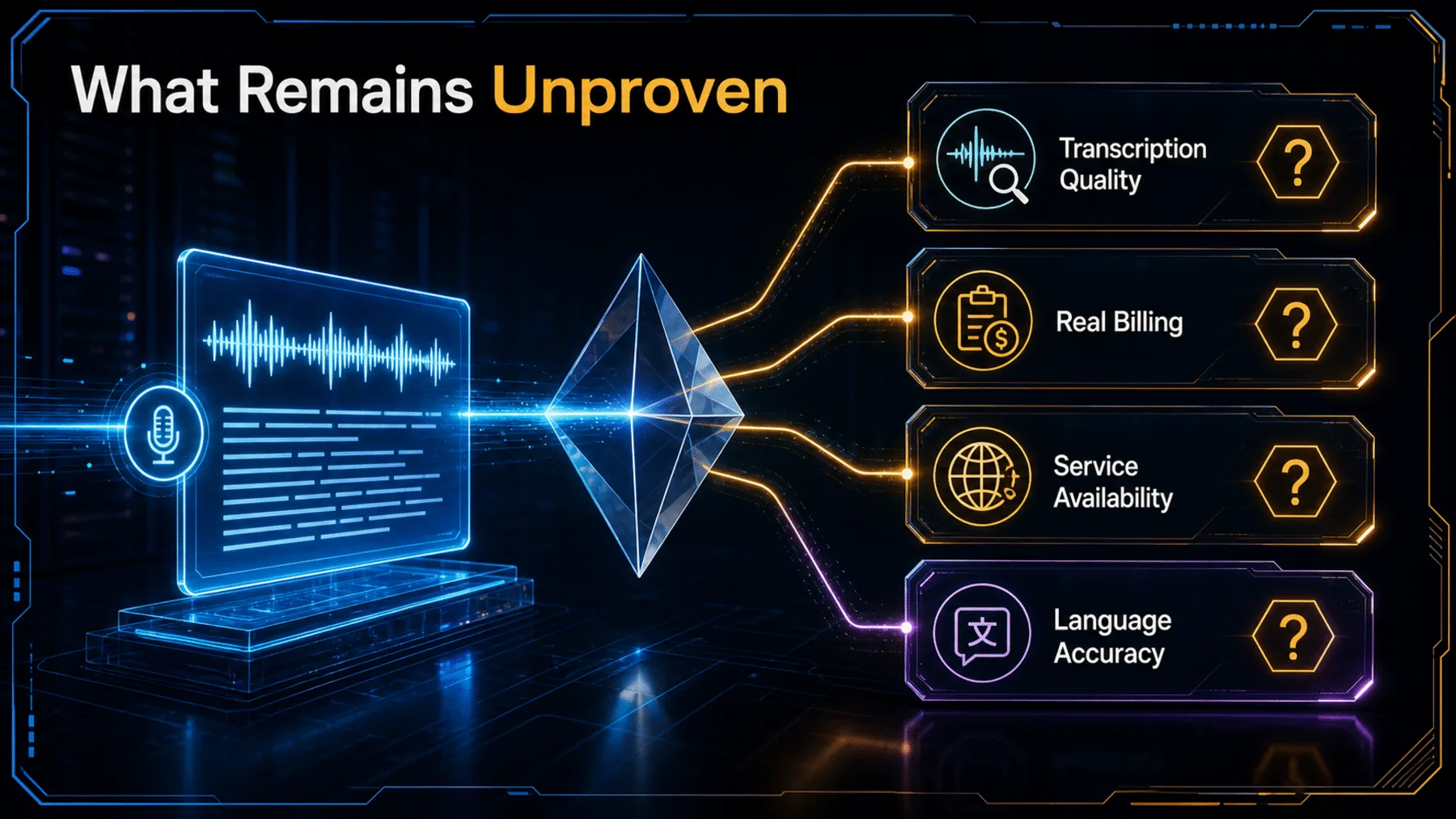 A verification prism routes an audio transcript toward four unresolved performance and availability questions.