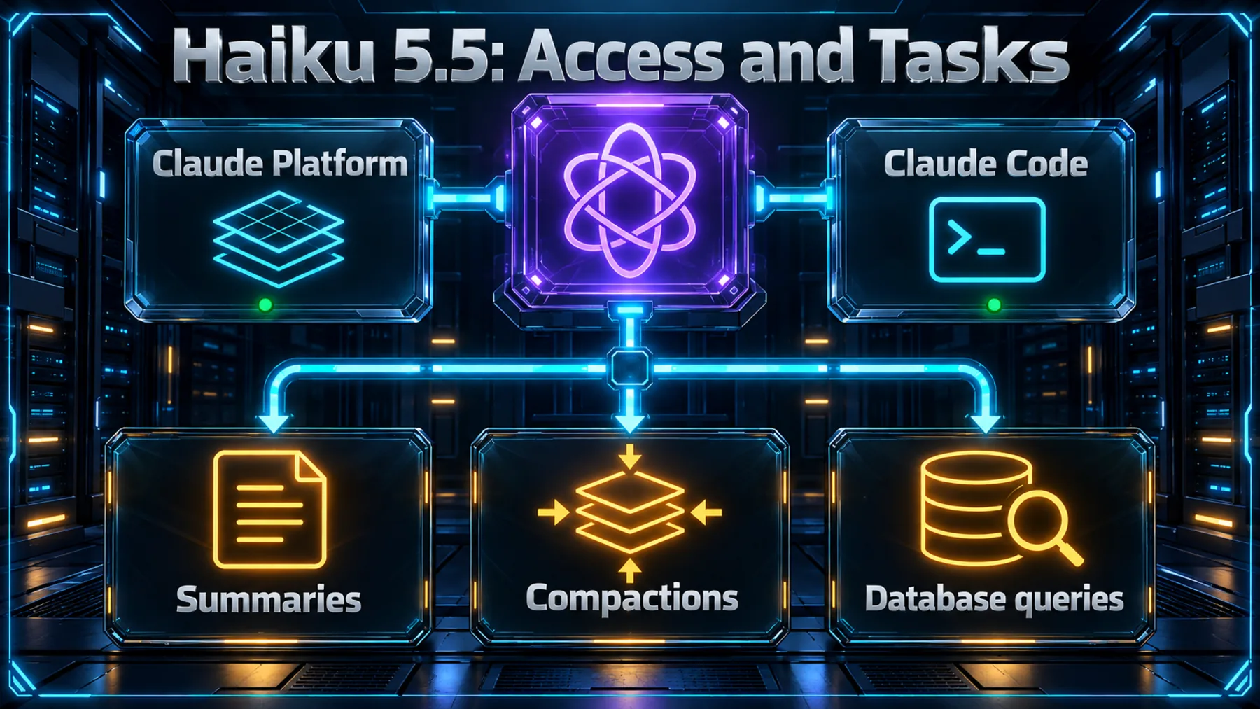 Haiku 5.5 fact board with Claude Platform and Claude Code access surfaces and summaries, compactions and database queries as supporting tasks.
