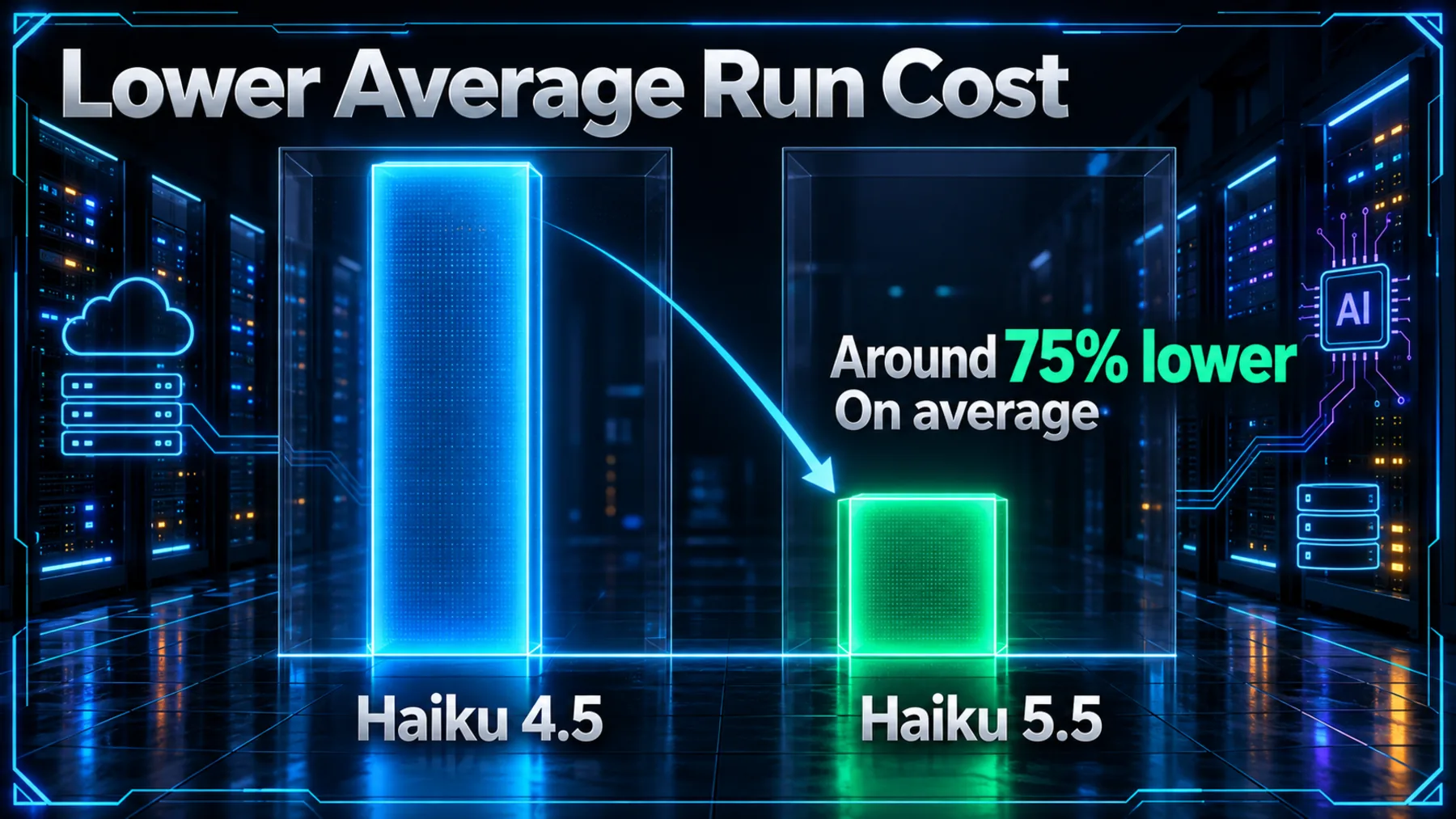 Haiku 4.5 and Haiku 5.5 run-cost comparison: around 75% lower on average.