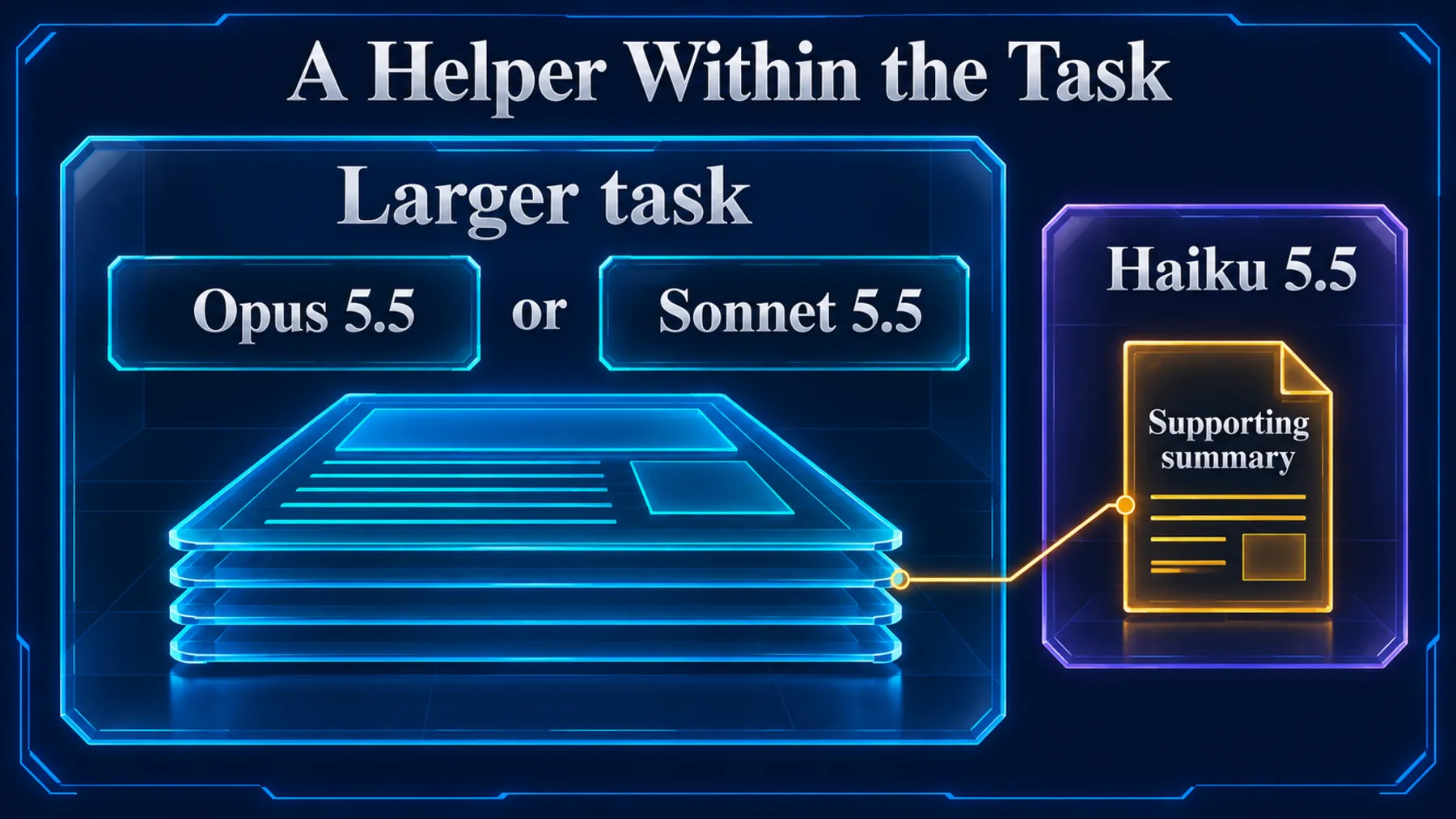 Conceptual diagram showing Haiku 5.5 handling a supporting summary alongside a larger task handled by Opus 5.5 or Sonnet 5.5.