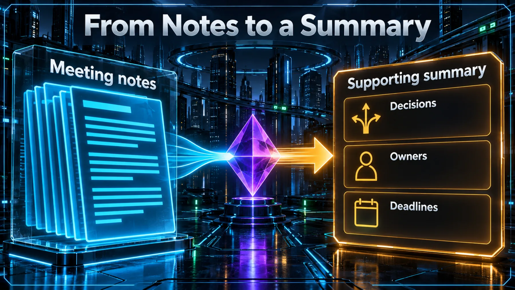 Conceptual meeting notes becoming a supporting summary organised into decisions, owners and deadlines.